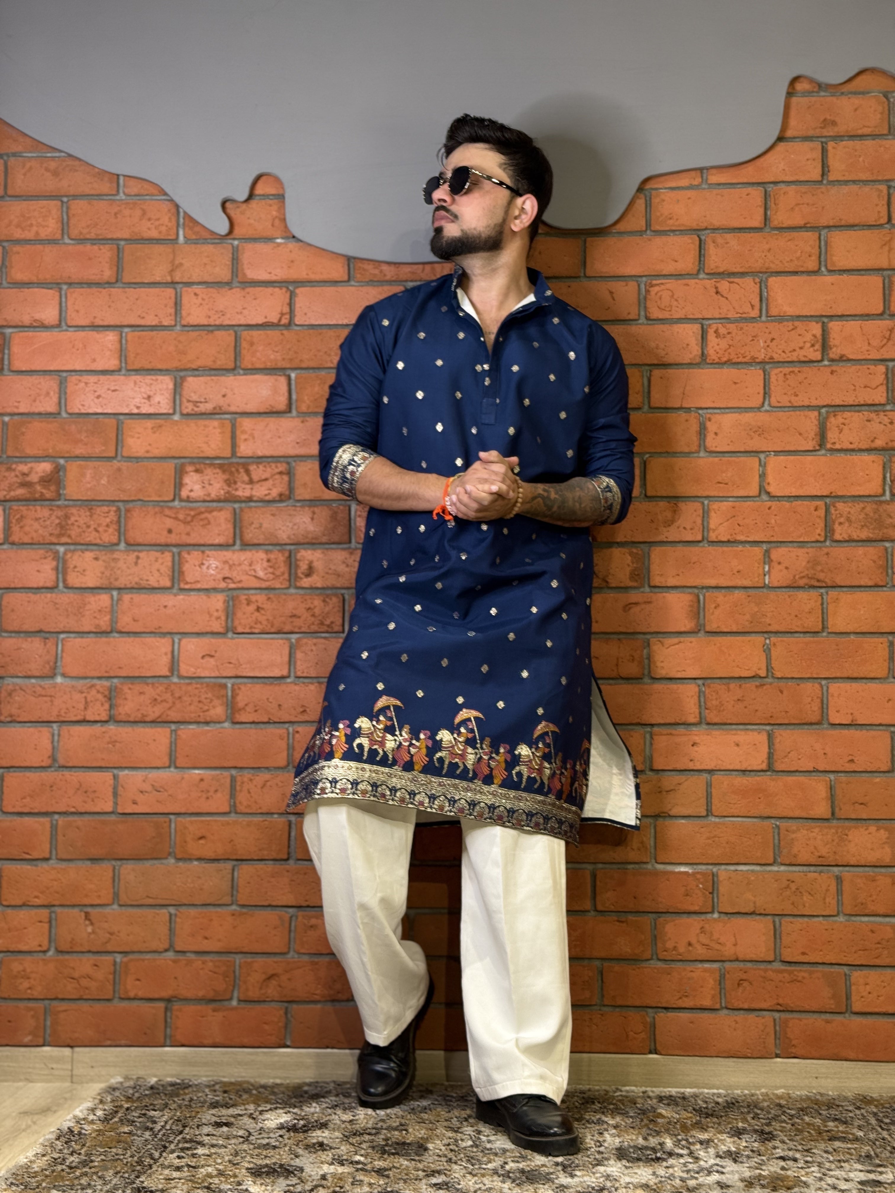 NAVY BLUE MAHARAJ JACQUARD DESIGNER KURTA