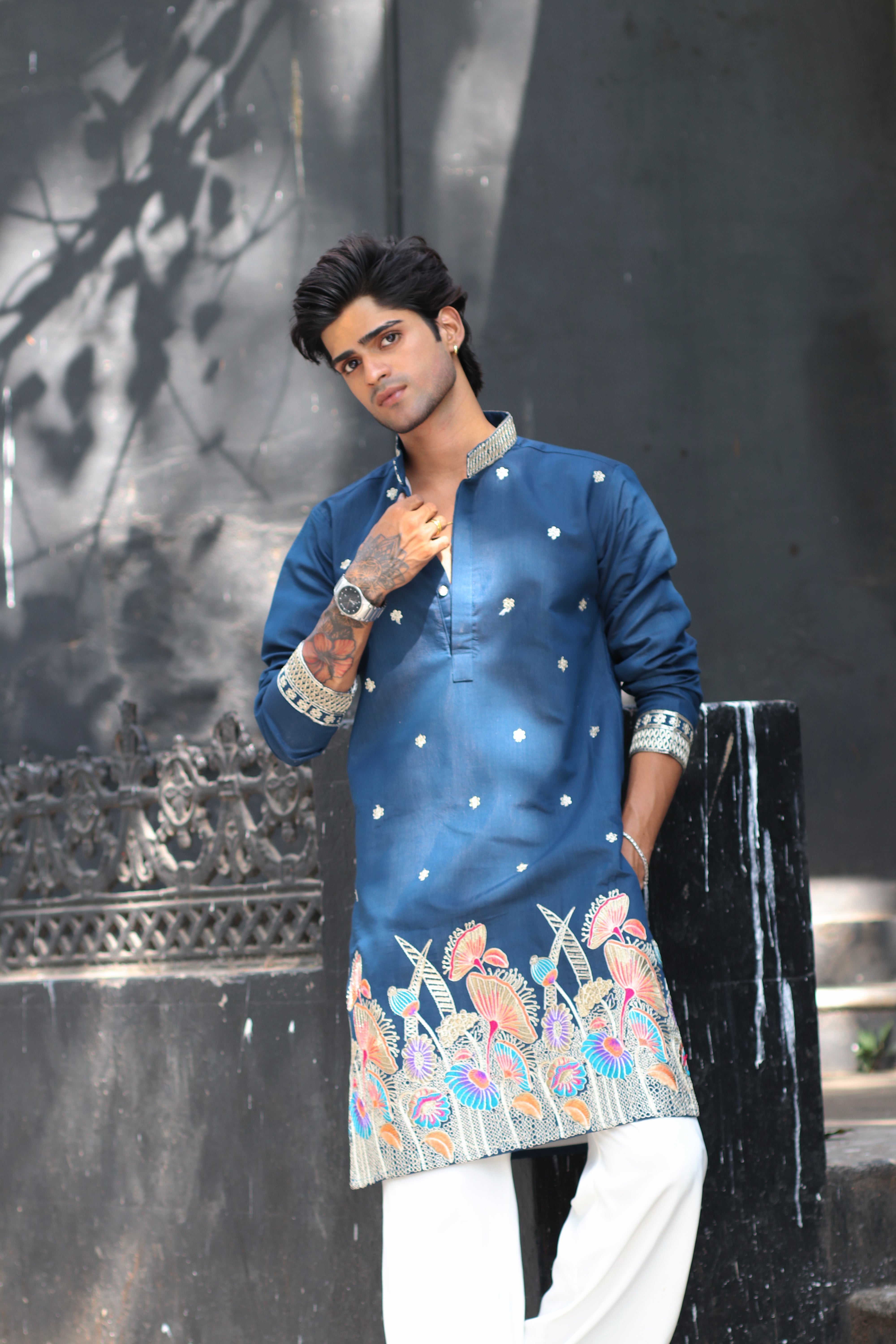 DEEP BLUE GULZAR DORI EMBROIDERED EXCLUSIVE KURTA