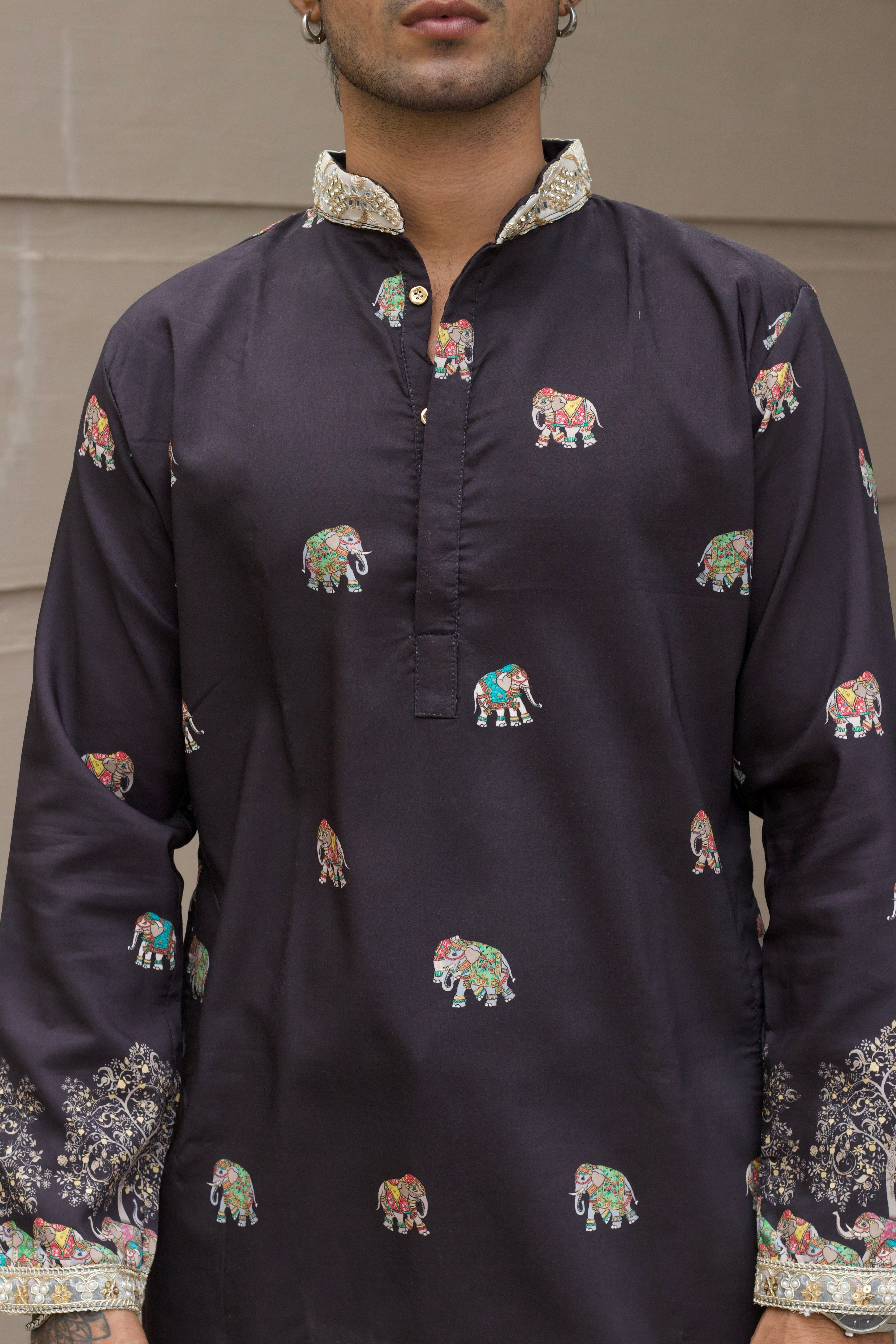 BLACK HATHI PRINTED EXCLUSIVE KURTA