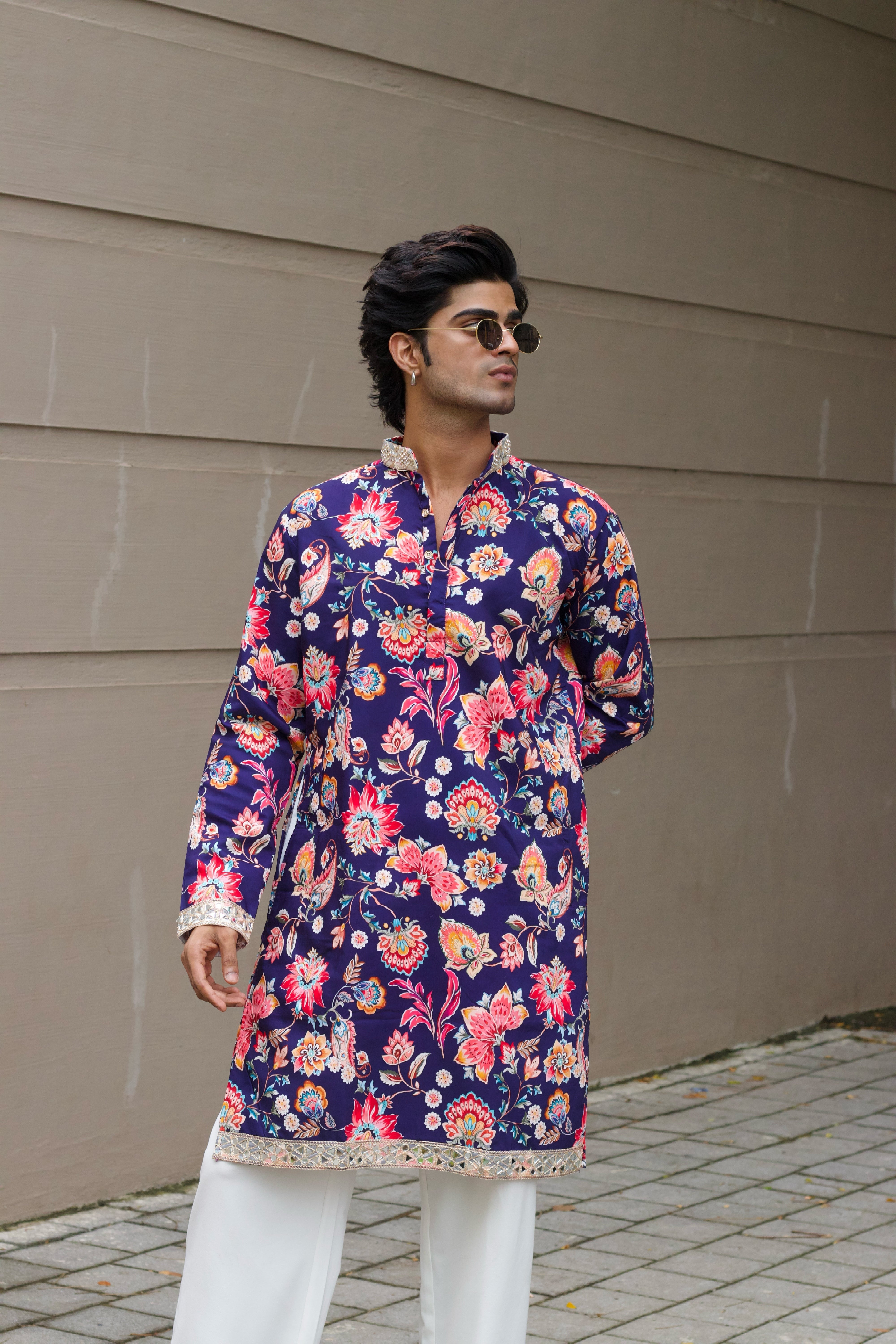 DARK BLUE FLORAL PRINTED KURTA