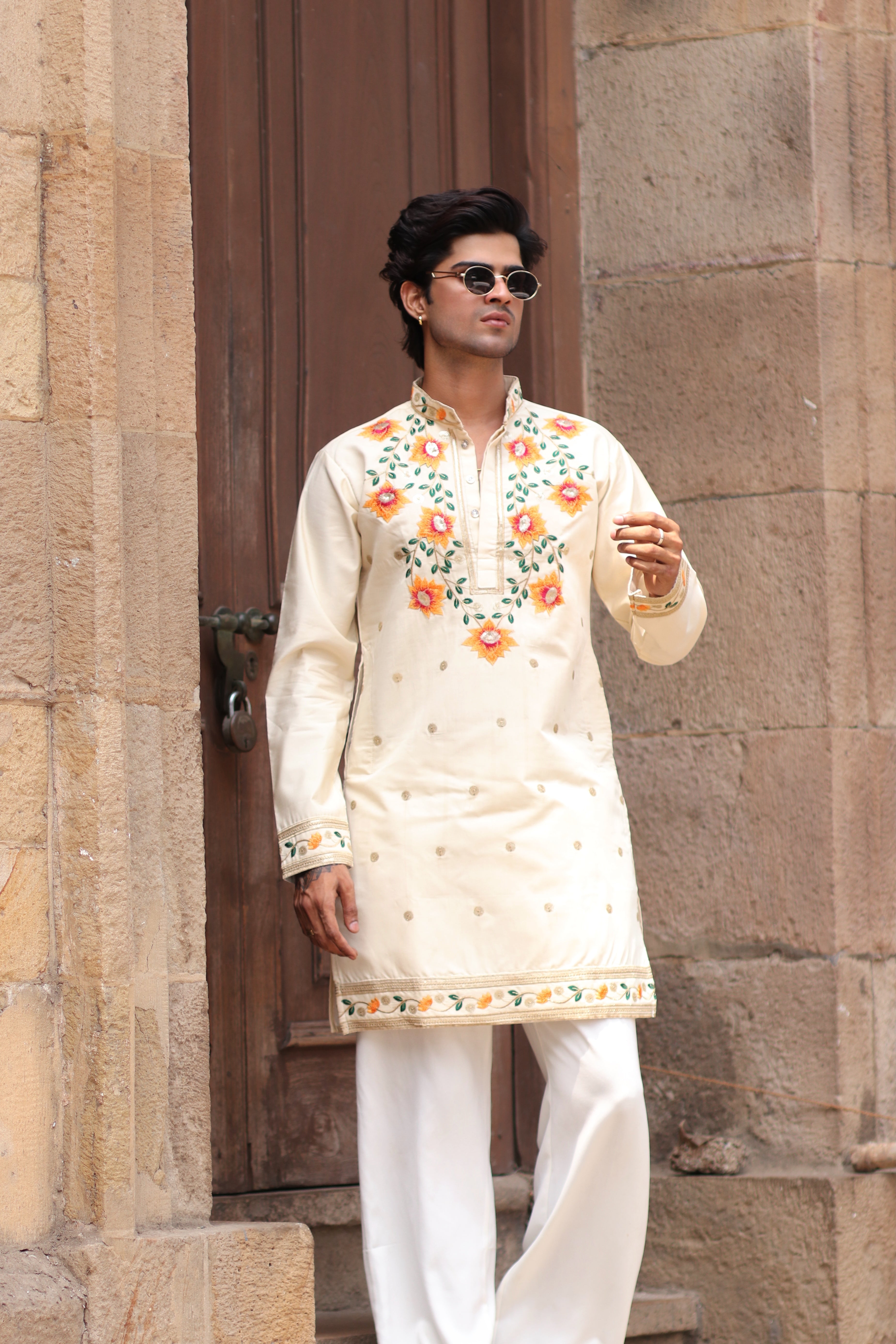 OFF WHITE PADMABAGH LOTUS EMBROIDERED KURTA