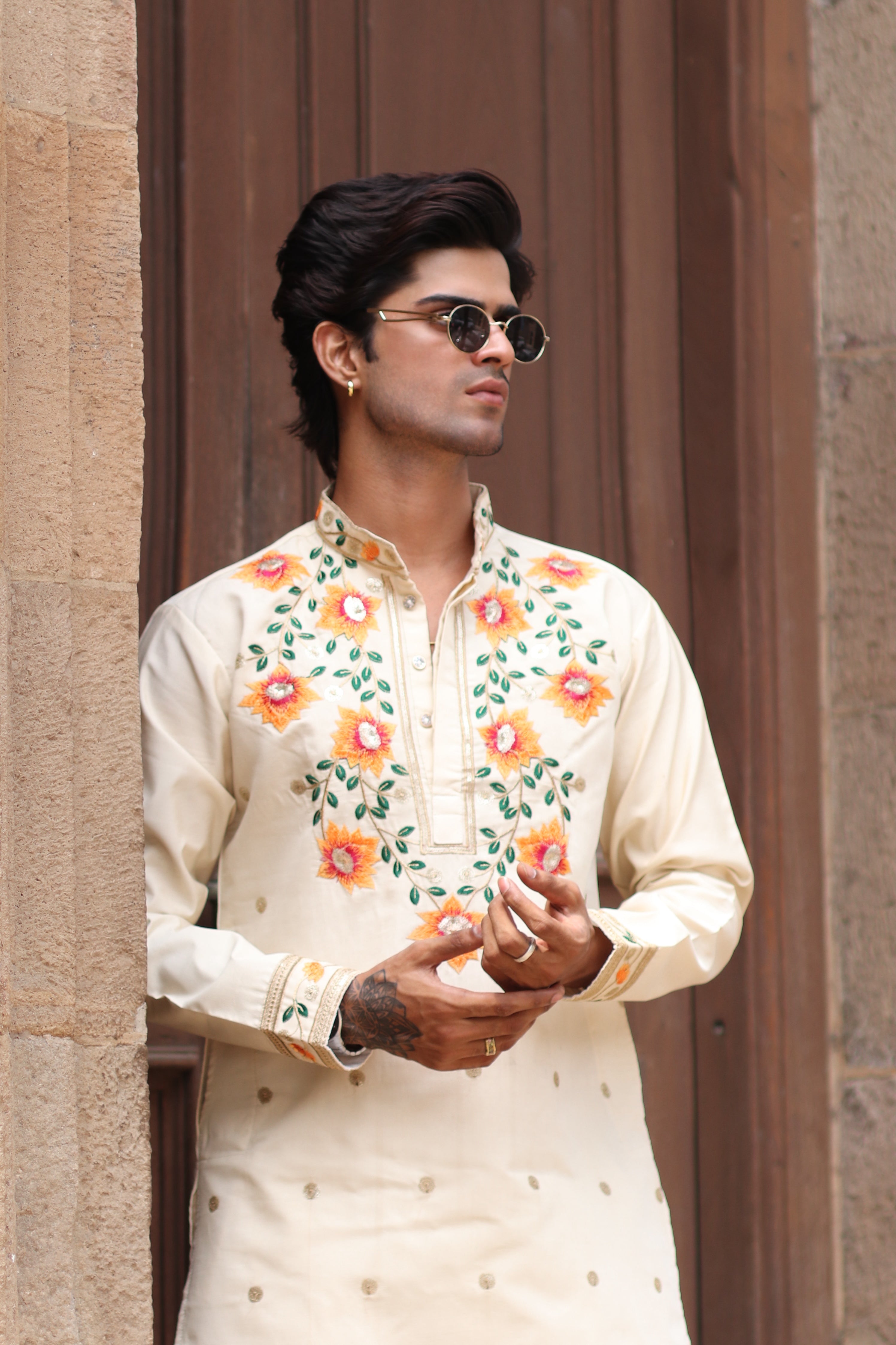 OFF WHITE PADMABAGH LOTUS EMBROIDERED KURTA