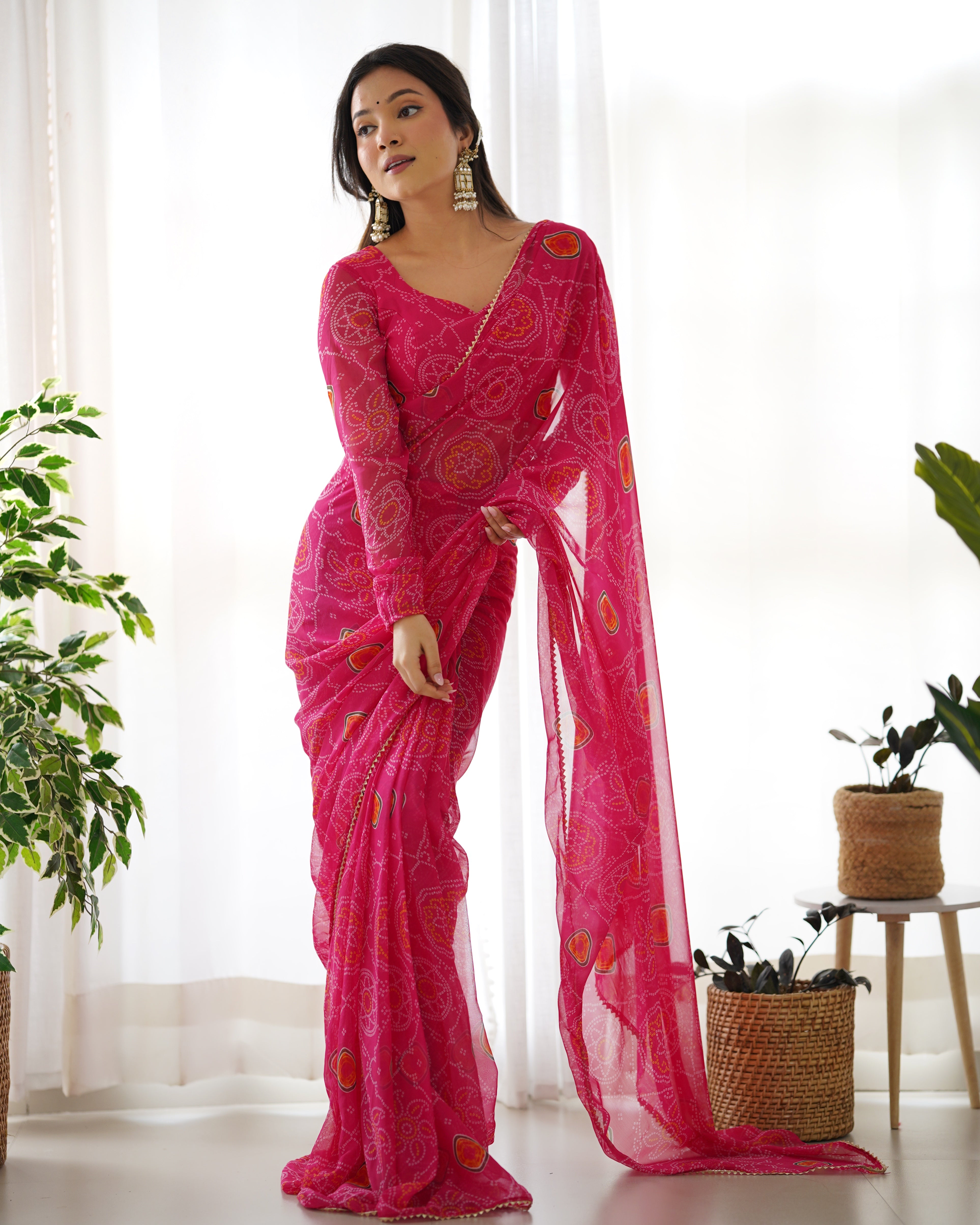 Pre Stitched 1-Min Ready To Wear Pink Bandhej Print Saree