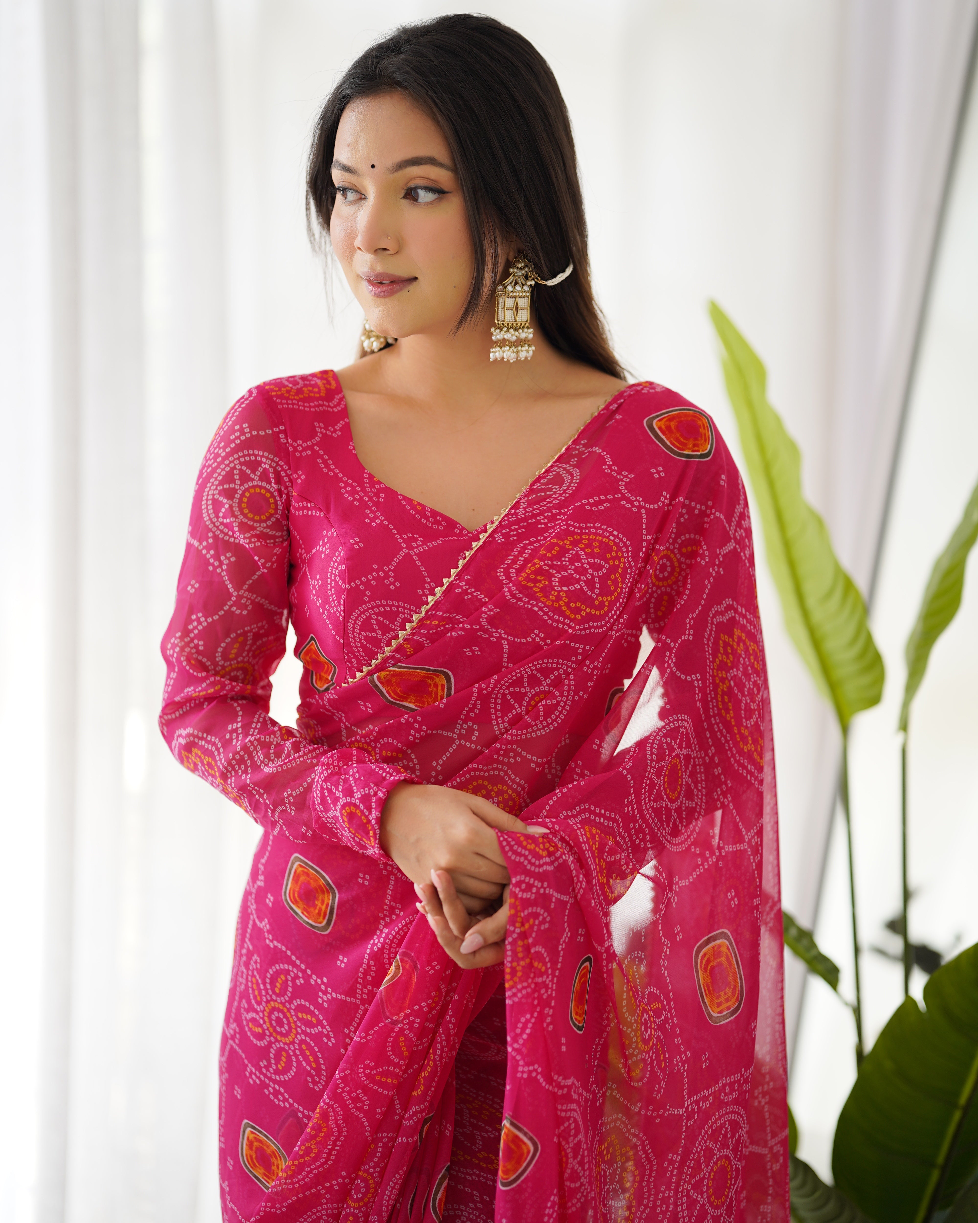 Pre Stitched 1-Min Ready To Wear Pink Bandhej Print Saree