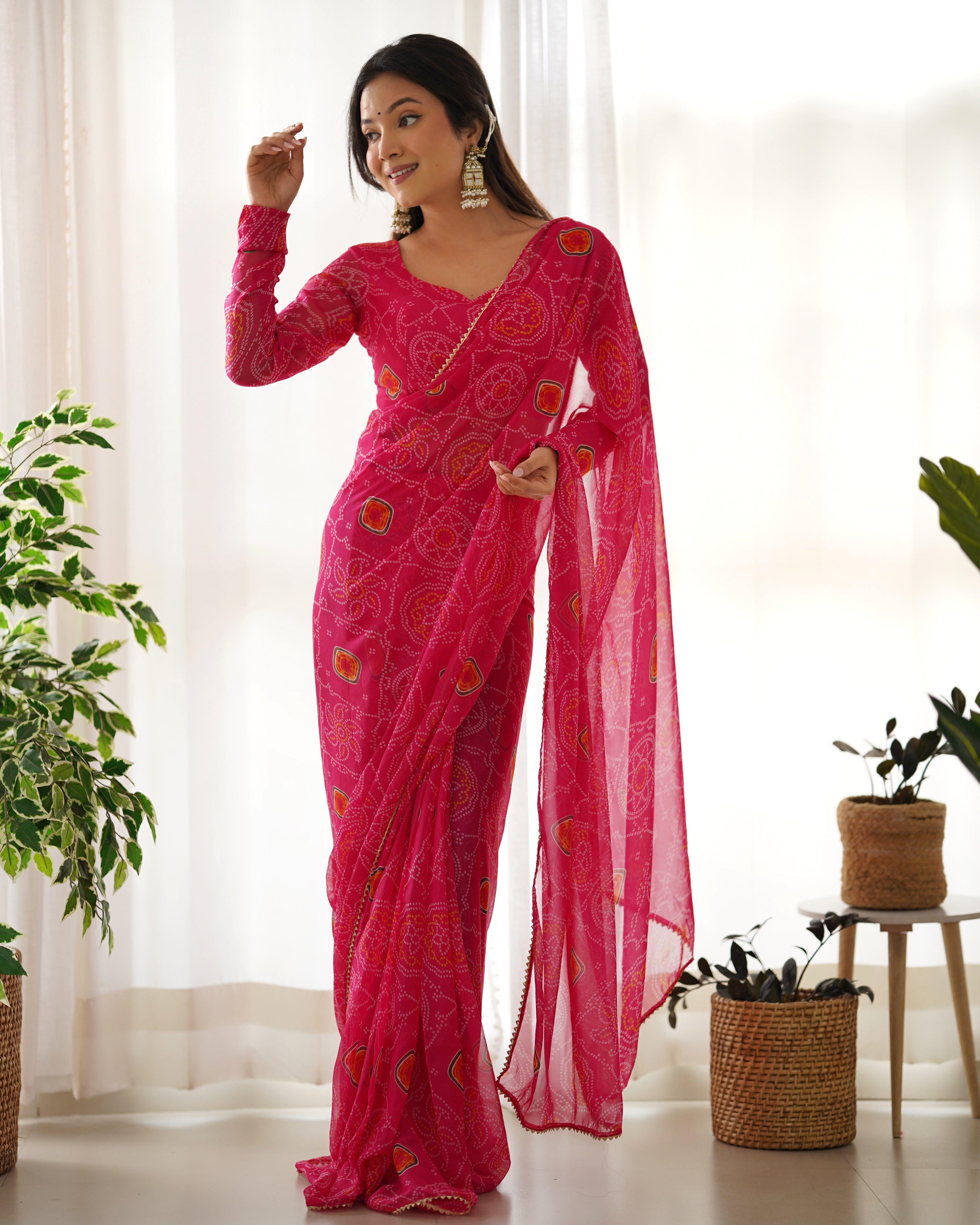 Pre Stitched 1-Min Ready To Wear Pink Bandhej Print Saree