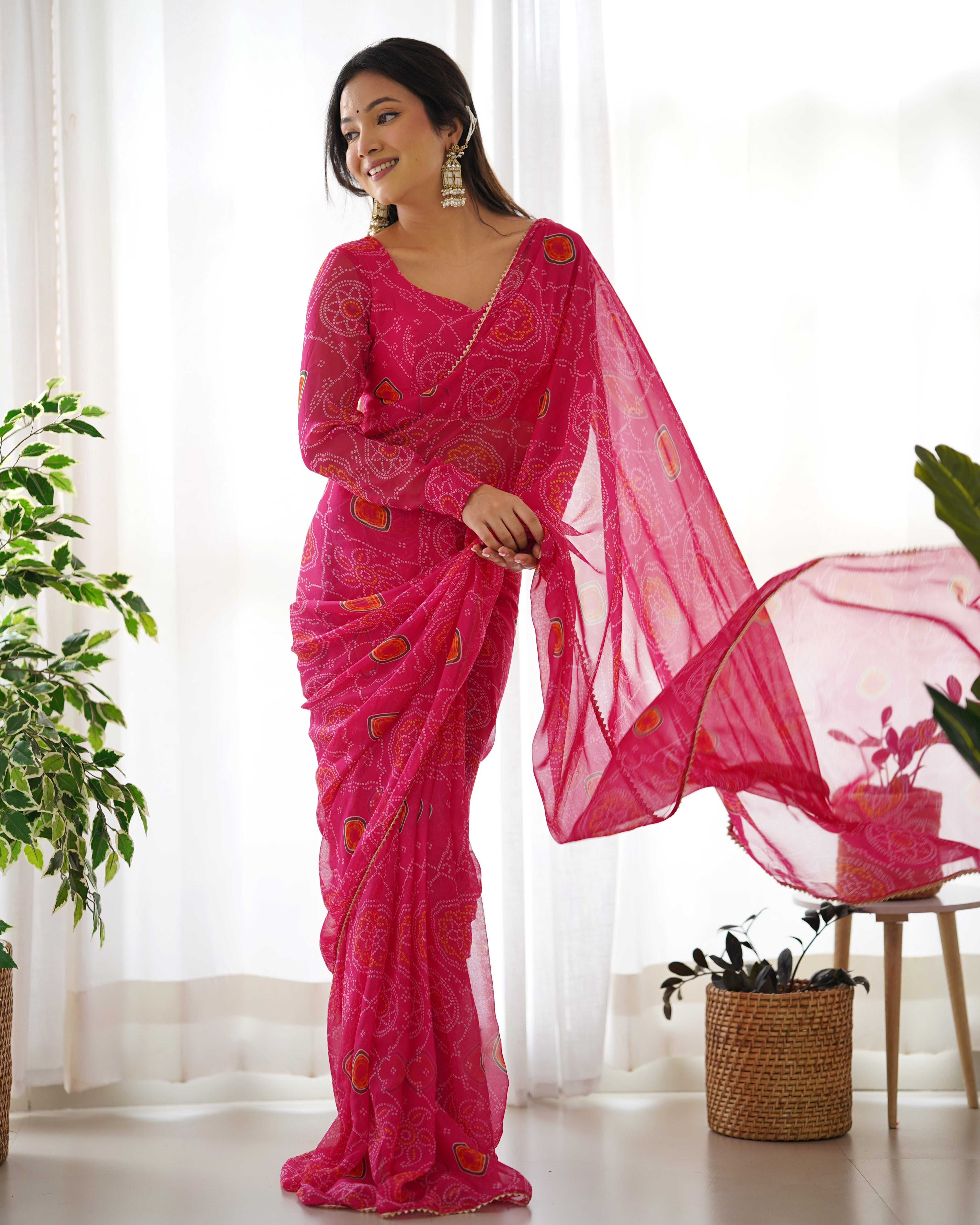 Pre Stitched 1-Min Ready To Wear Pink Bandhej Print Saree