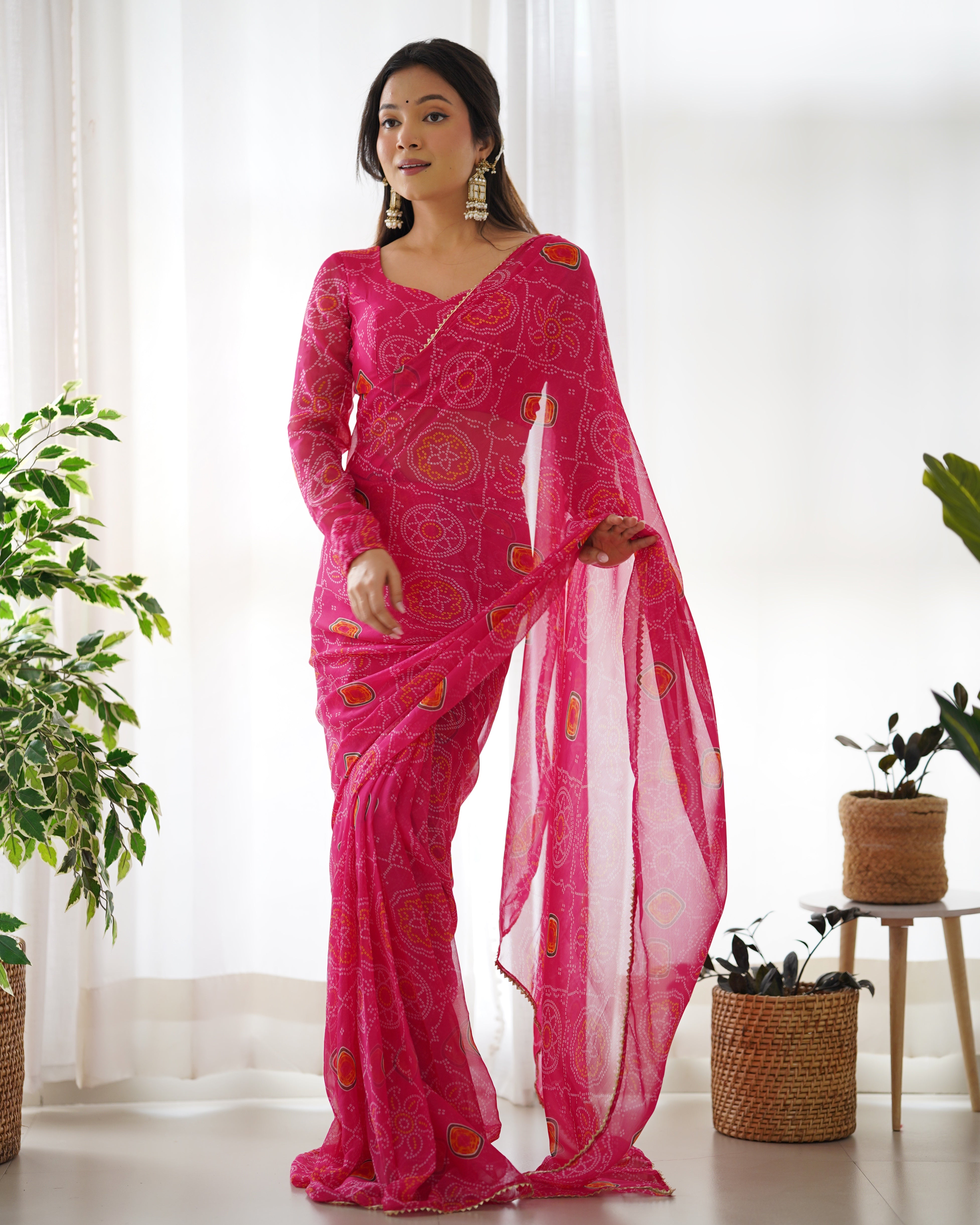 Pre Stitched 1-Min Ready To Wear Pink Bandhej Print Saree