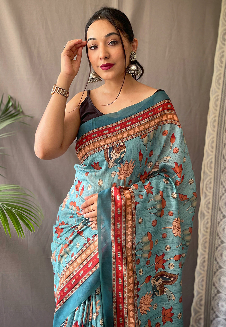 Kadambari Cotton Kalamkari Printed Saree Blue