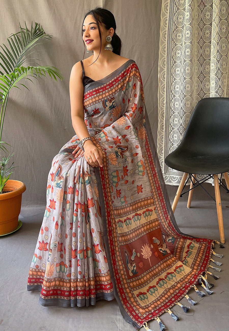 Kadambari Cotton Kalamkari Printed Saree Ash Grey