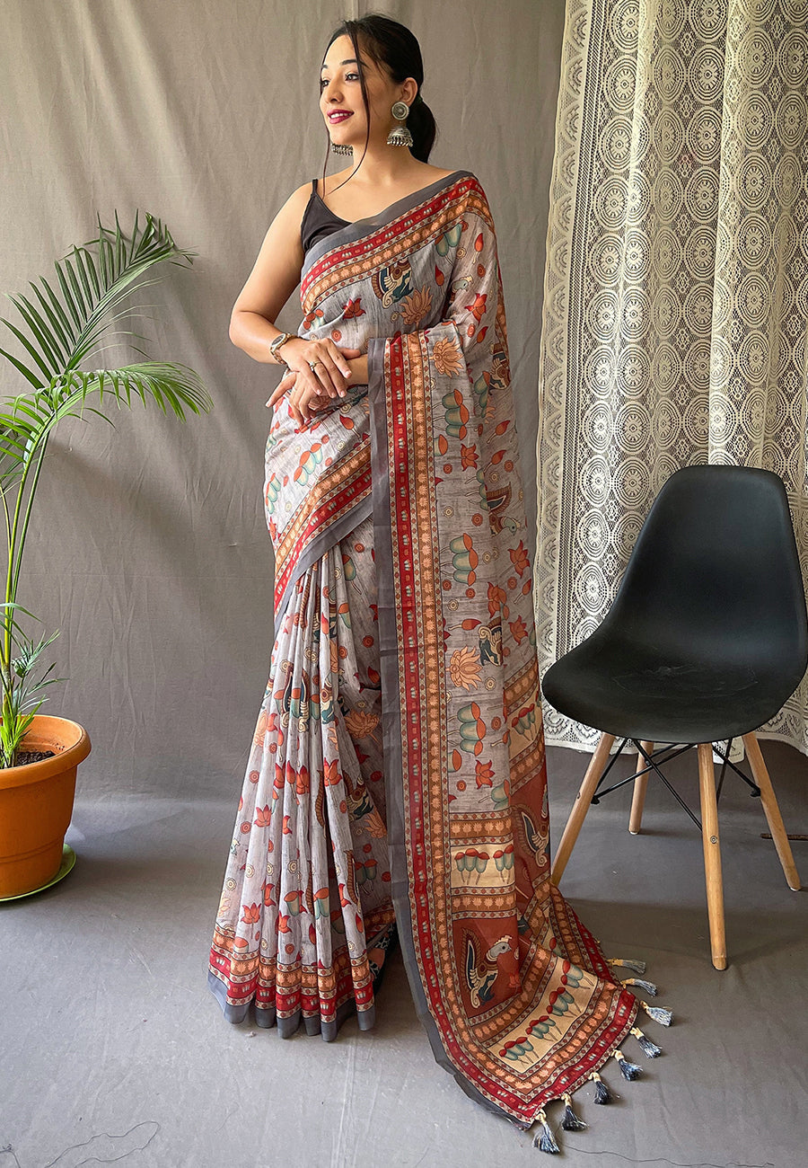 Kadambari Cotton Kalamkari Printed Saree Ash Grey