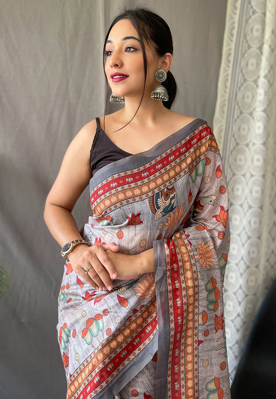 Kadambari Cotton Kalamkari Printed Saree Ash Grey