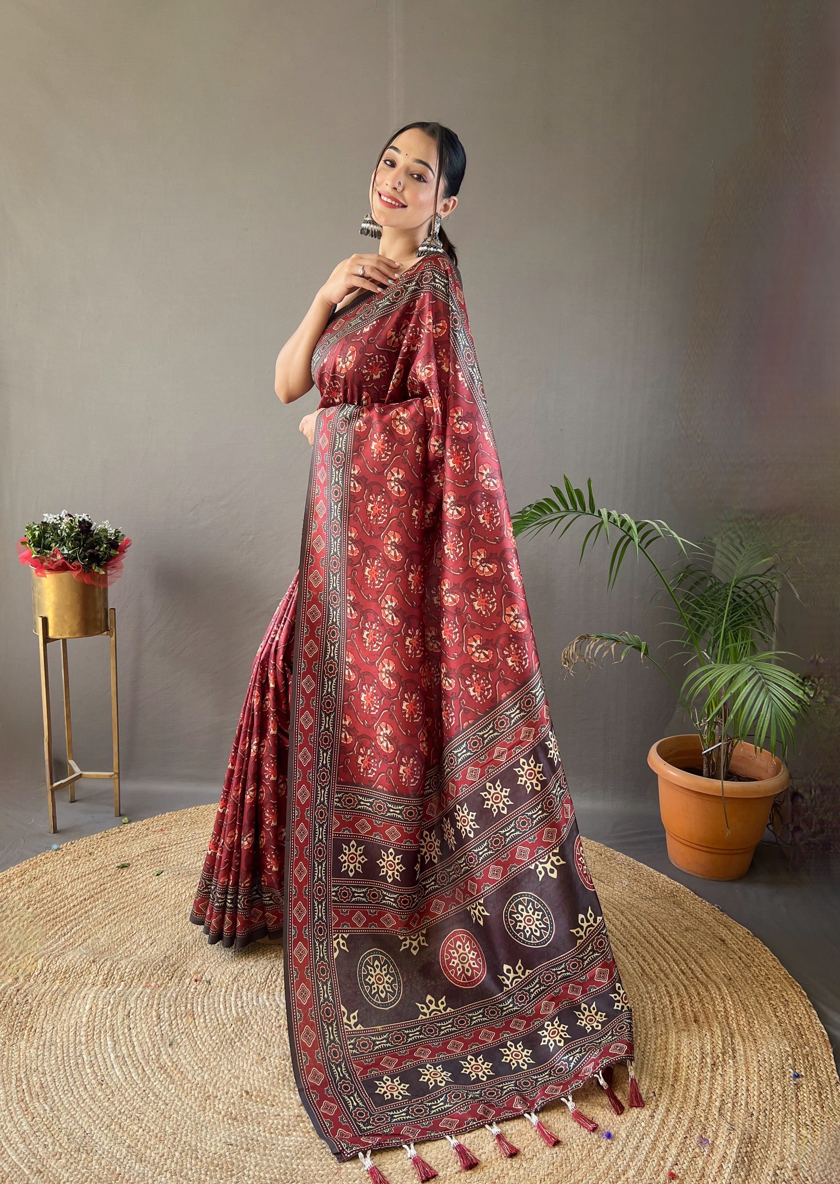 Red Krishna Ajrakh printed saree