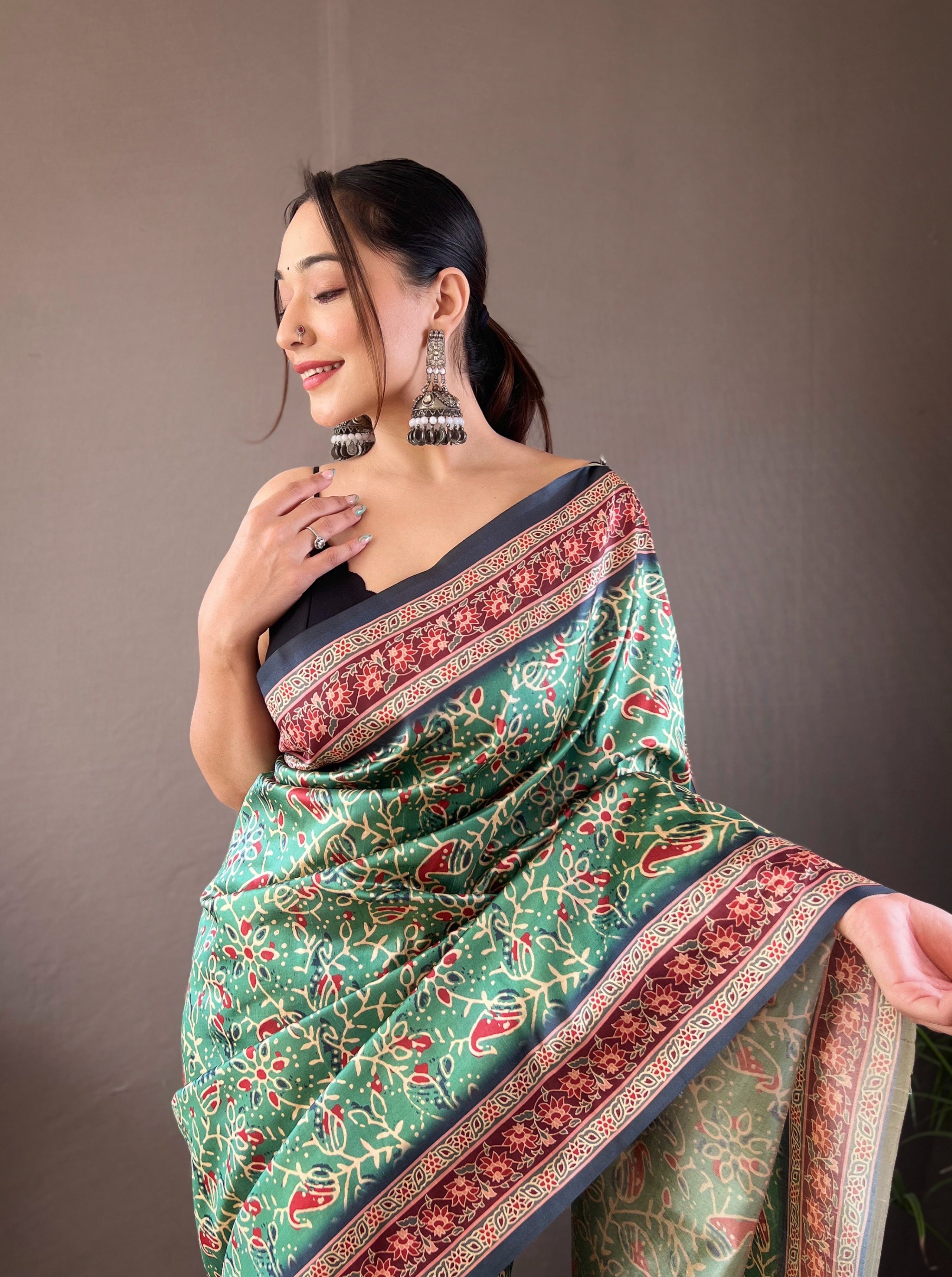 Green Krishna Ajrakh printed saree