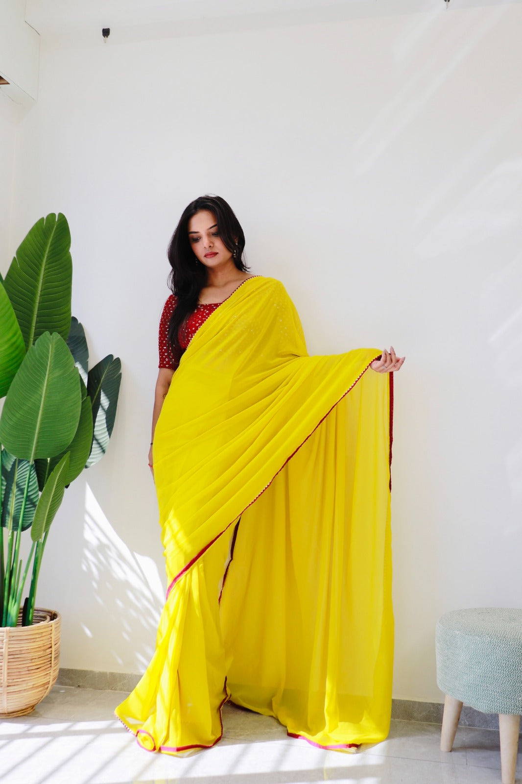 1 MIN Ready To Wear yellow Red Border saree - Yellow Red Border