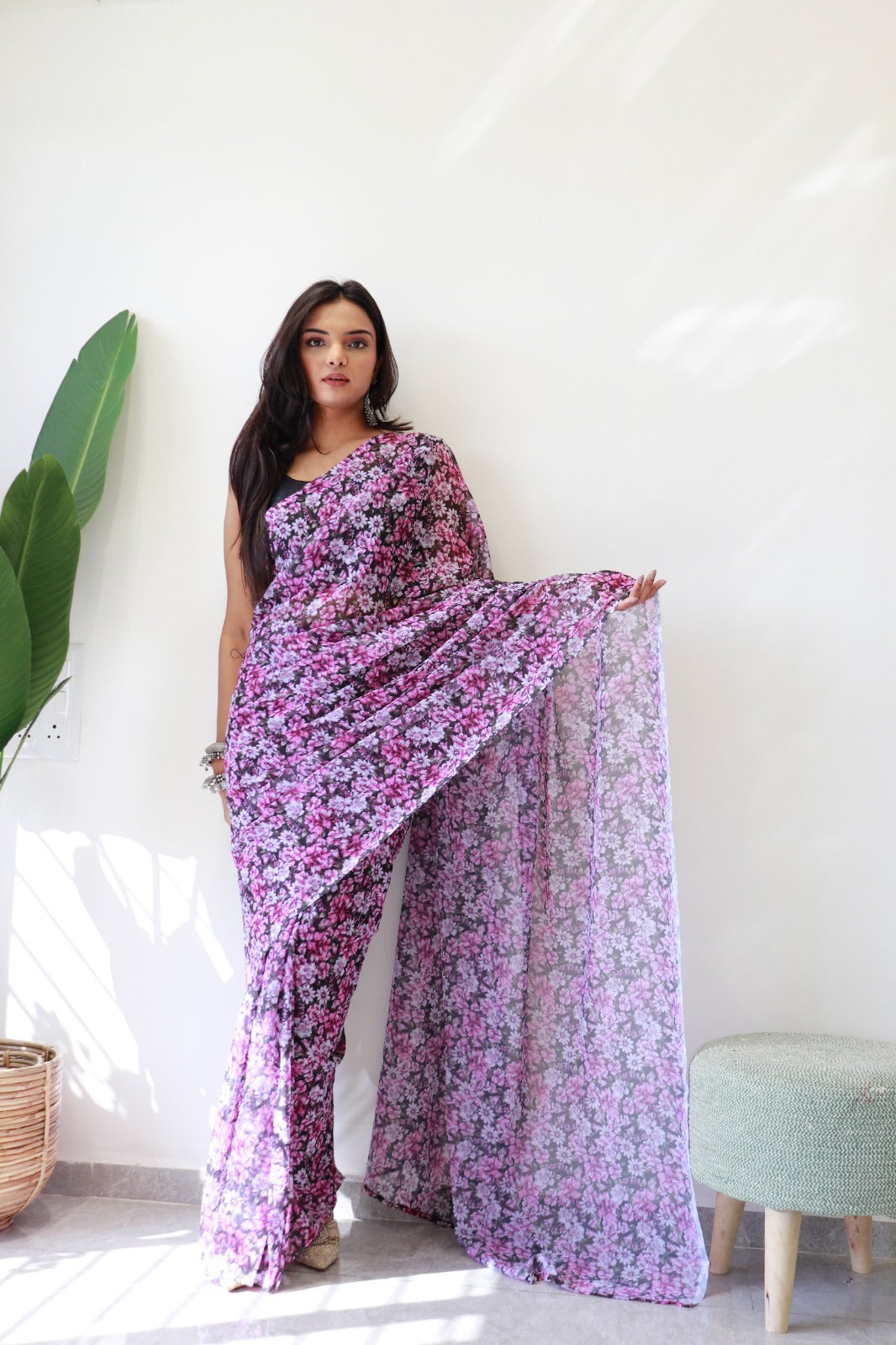 1 MIN Ready To Wear Purple flower valley saree - Meghana