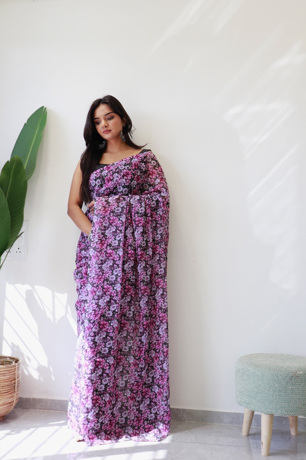 1 MIN Ready To Wear Purple flower valley saree - Meghana