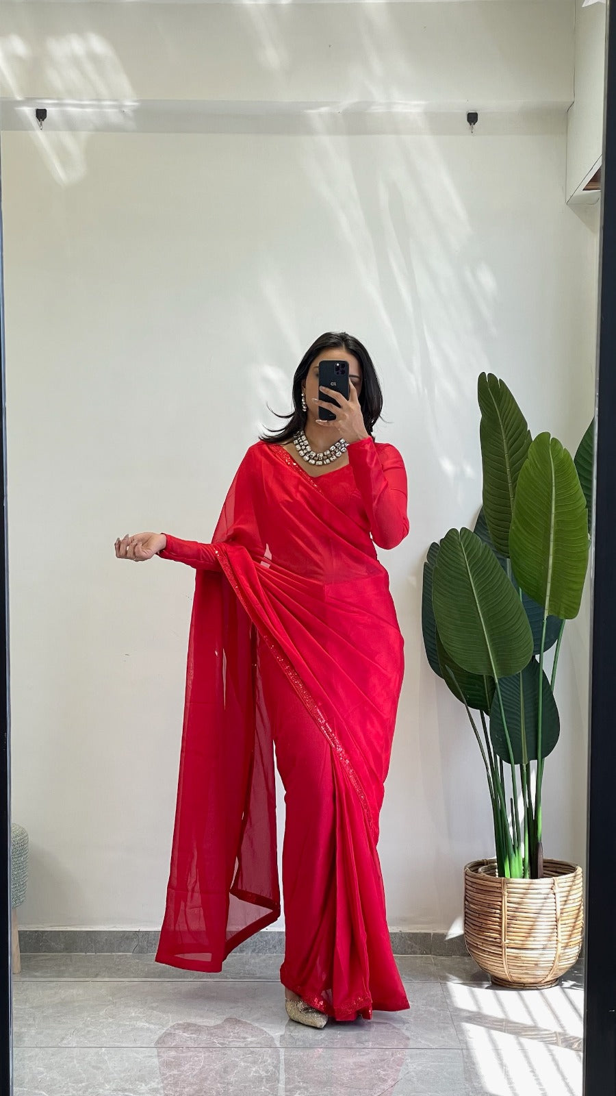 1 MIN Ready To Wear Red Border saree - Red Border