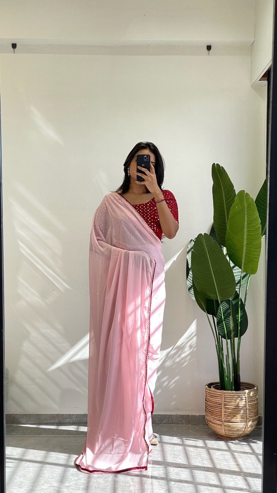 1 MIN Ready To Wear Light Pink Red Border saree - Light Pink Red