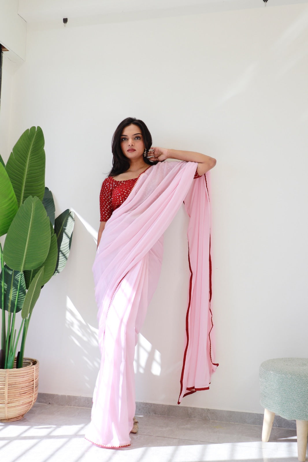 1 MIN Ready To Wear Light Pink Red Border saree - Light Pink Red