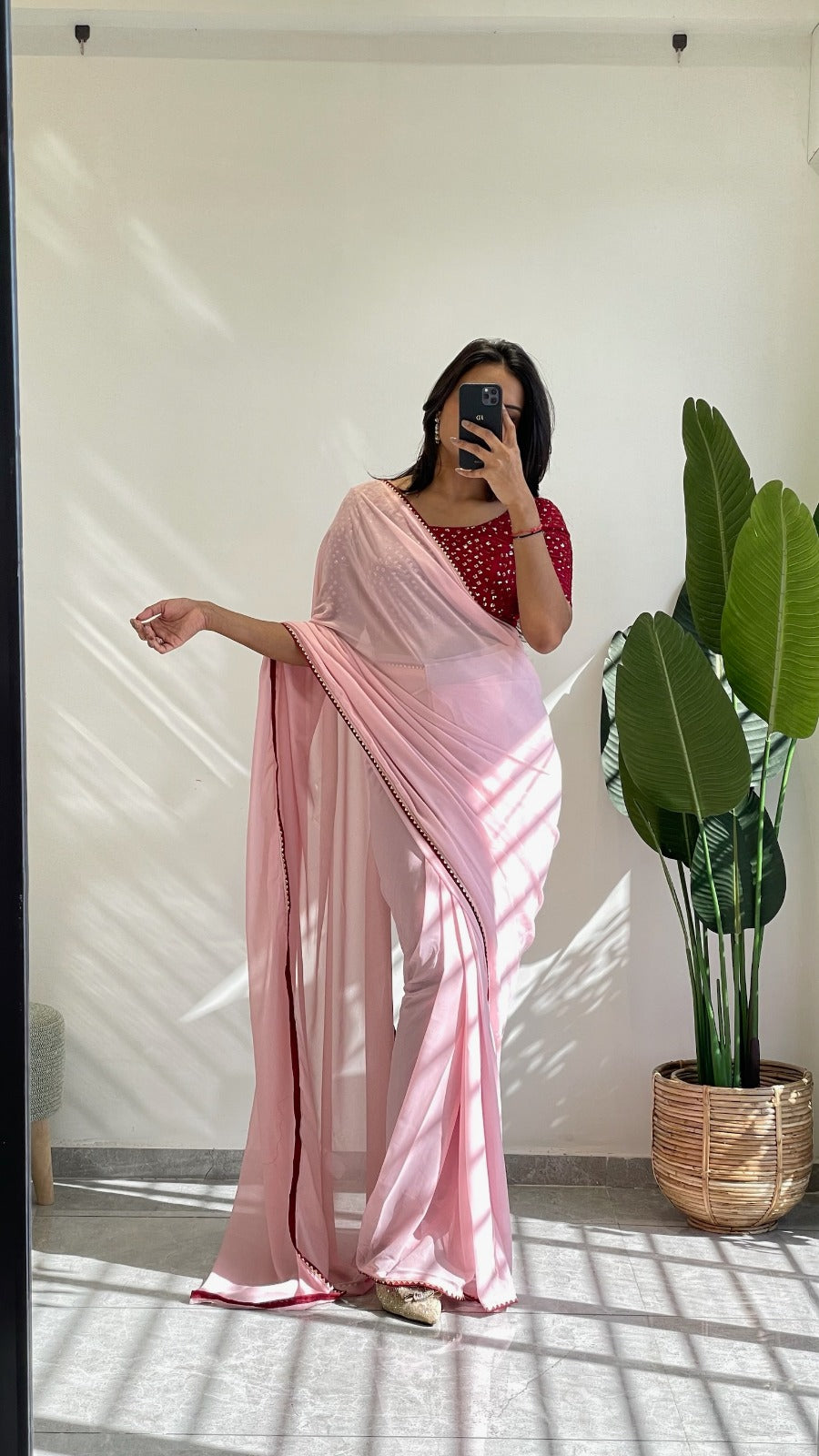 1 MIN Ready To Wear Light Pink Red Border saree - Light Pink Red