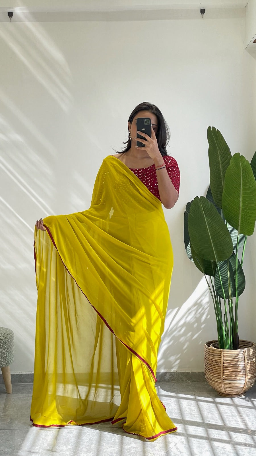 1 MIN Ready To Wear yellow Red Border saree - Yellow Red Border