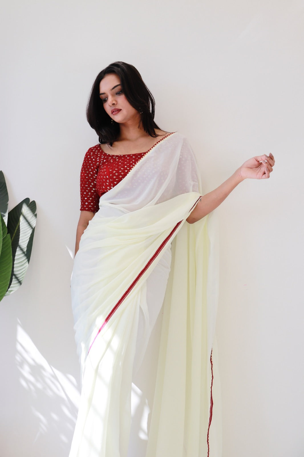 1 MIN Ready To Wear White Red Border saree - White Red Border