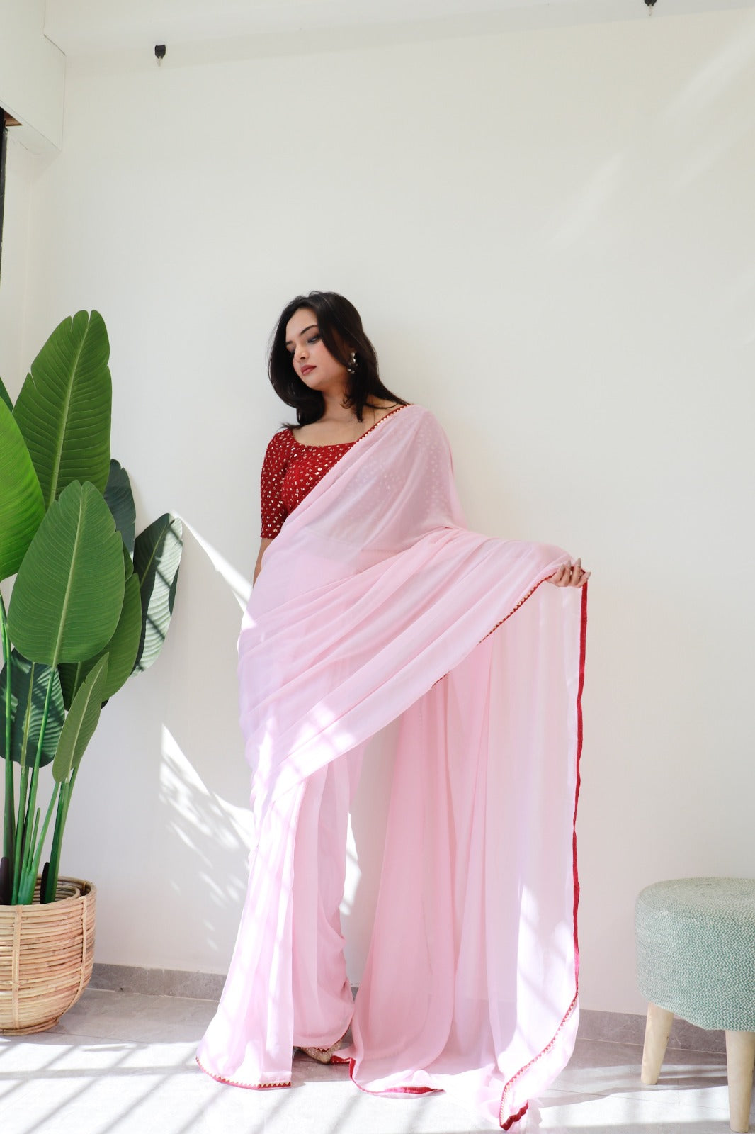 1 MIN Ready To Wear Light Pink Red Border saree - Light Pink Red