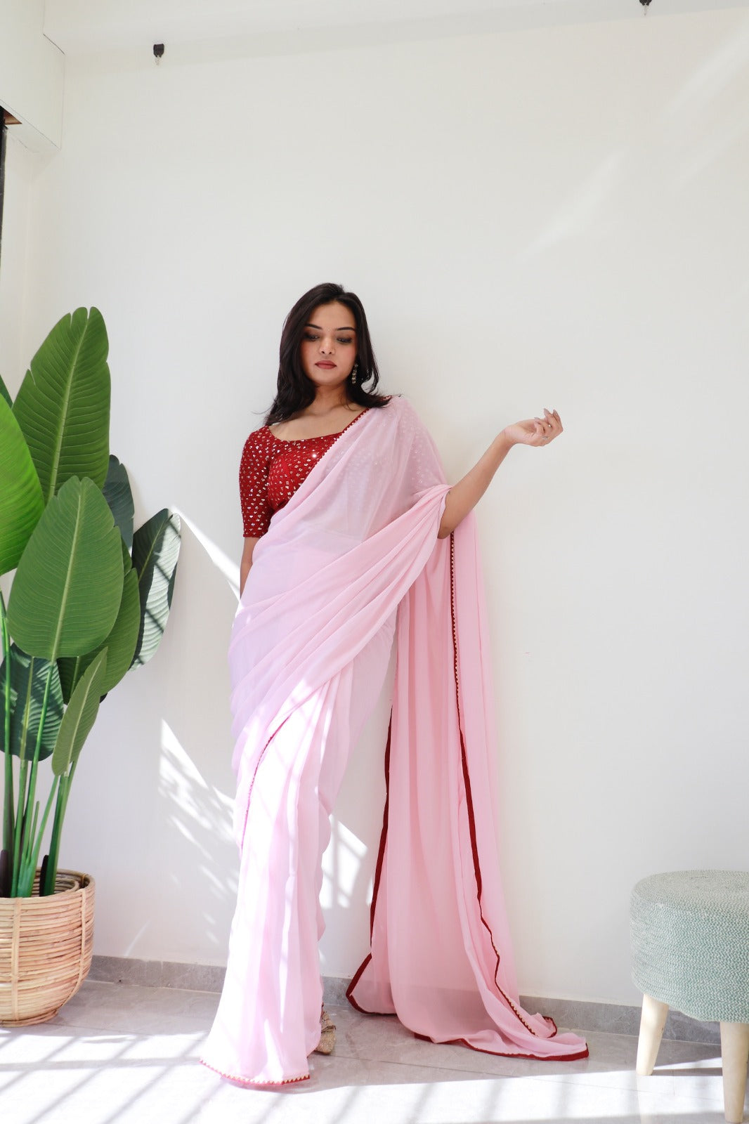 1 MIN Ready To Wear Light Pink Red Border saree - Light Pink Red