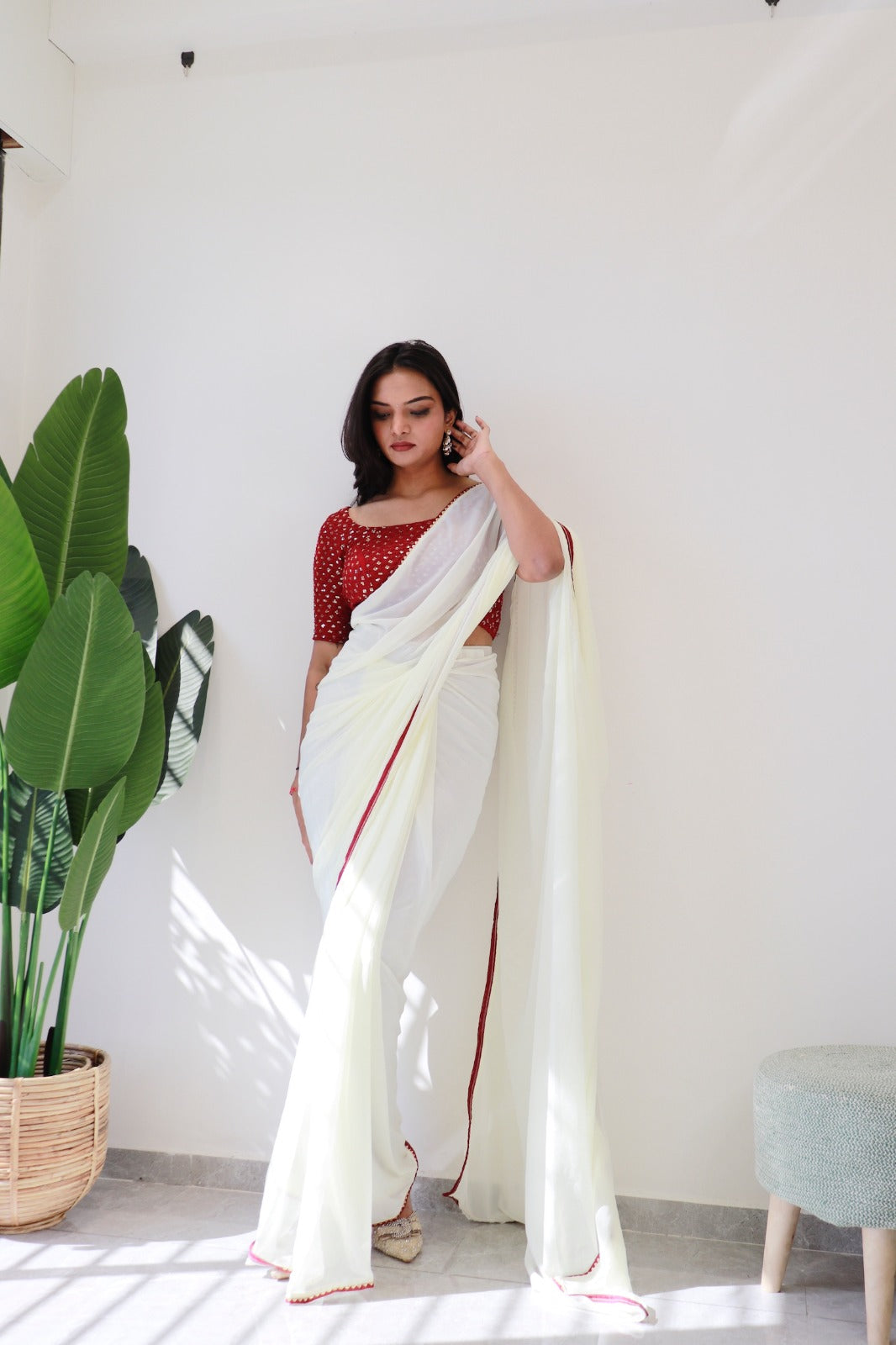 1 MIN Ready To Wear White Red Border saree - White Red Border