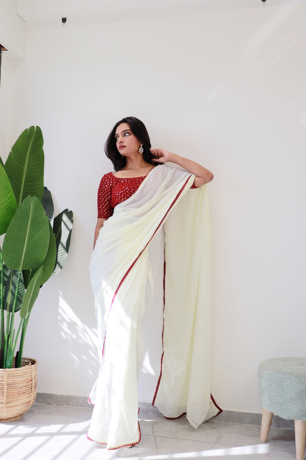 1 MIN Ready To Wear White Red Border saree - White Red Border