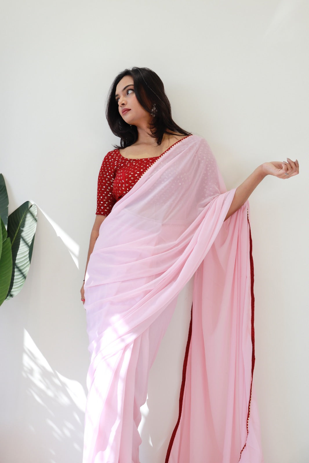 1 MIN Ready To Wear Light Pink Red Border saree - Light Pink Red