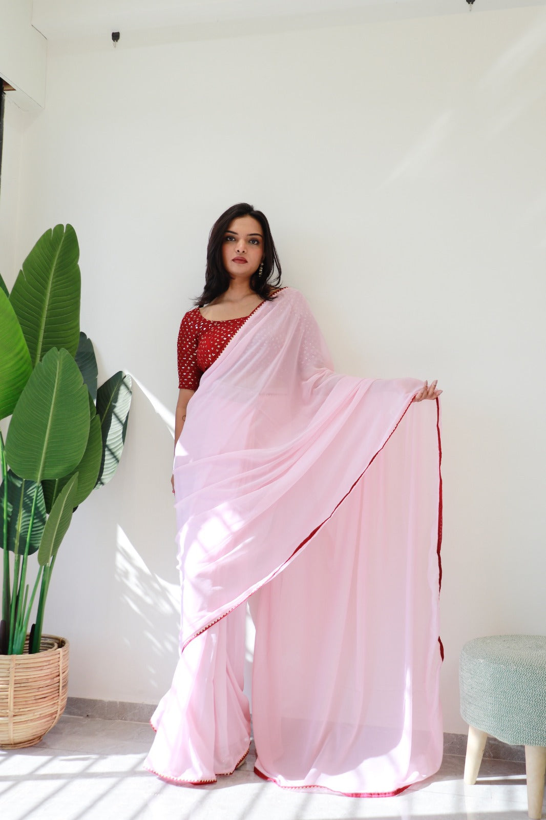 1 MIN Ready To Wear Light Pink Red Border saree - Light Pink Red