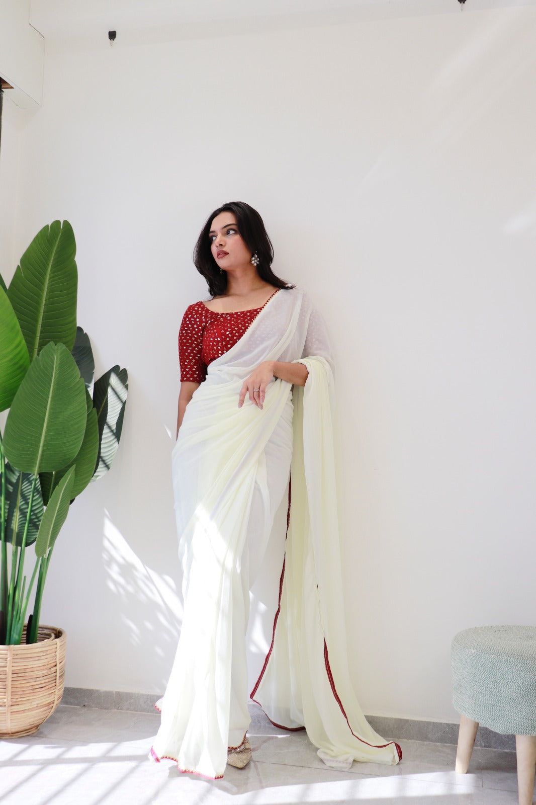 1 MIN Ready To Wear White Red Border saree - White Red Border