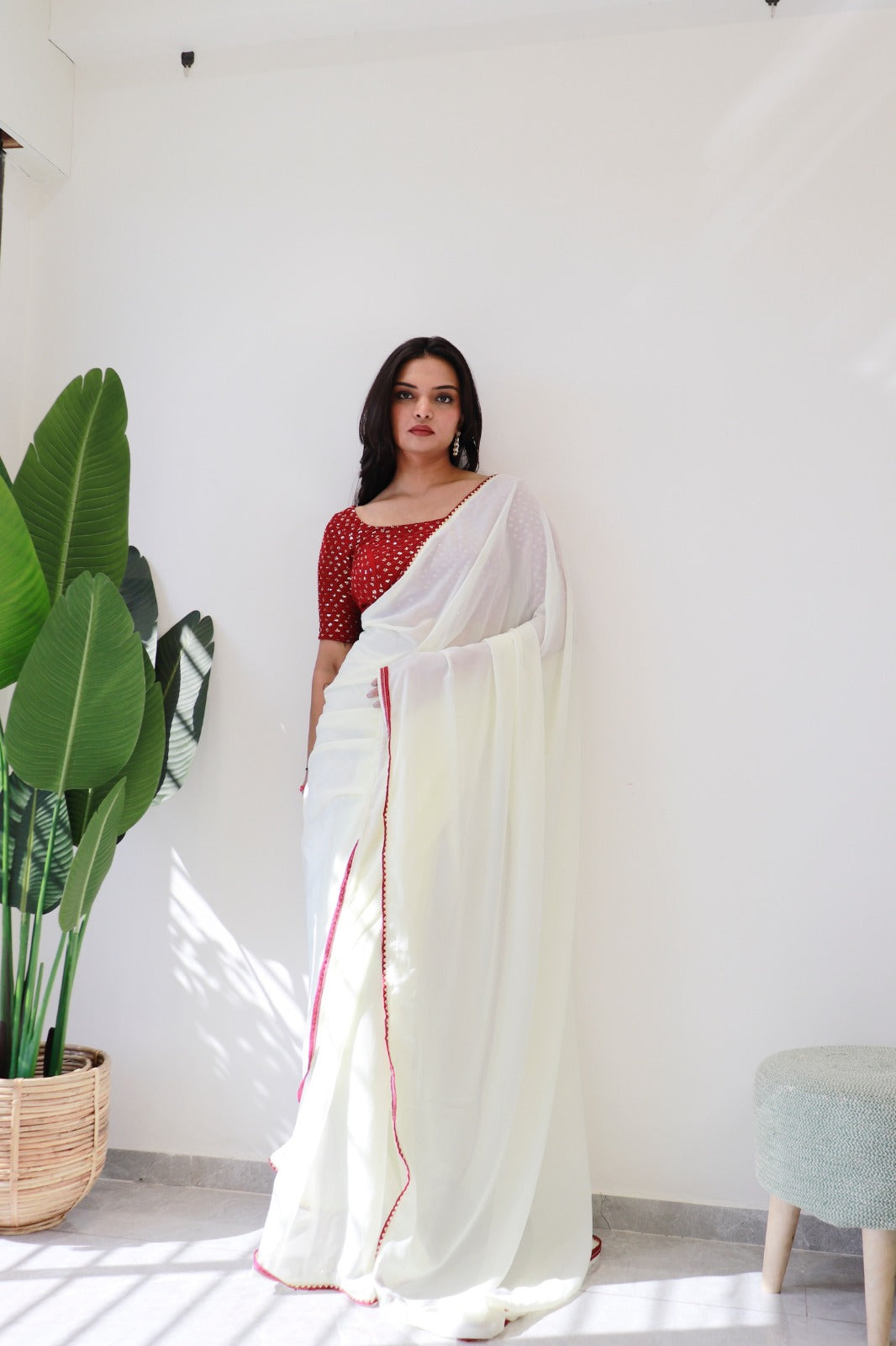 1 MIN Ready To Wear White Red Border saree - White Red Border