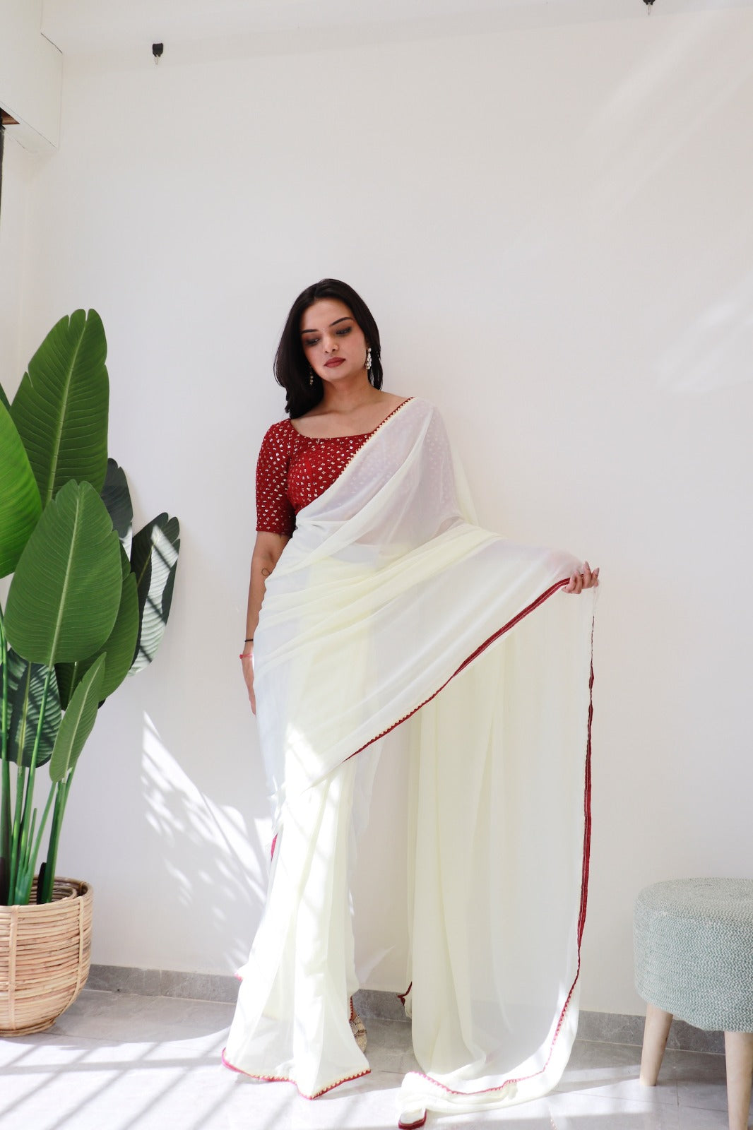 1 MIN Ready To Wear White Red Border saree - White Red Border