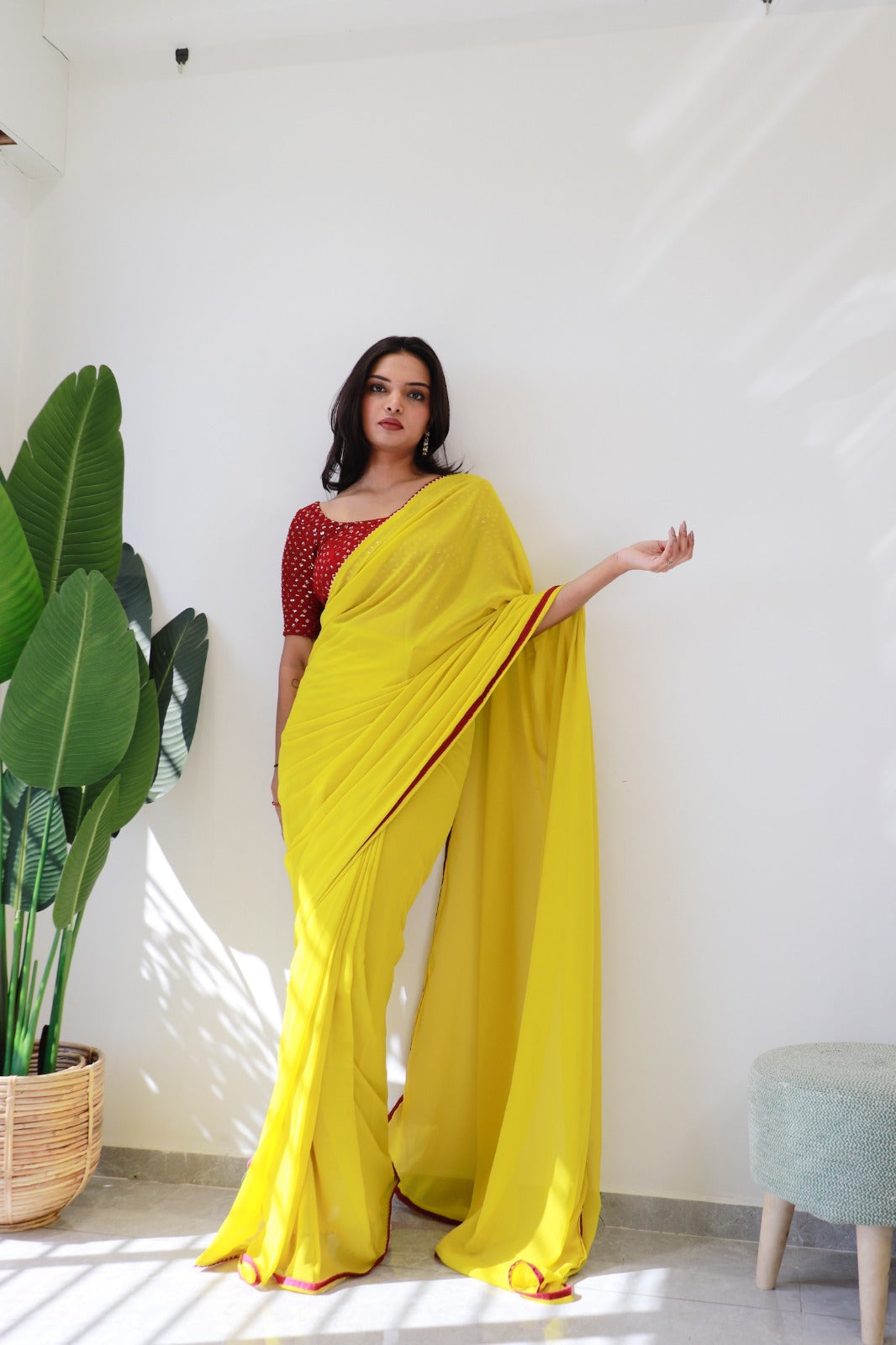 1 MIN Ready To Wear yellow Red Border saree - Yellow Red Border