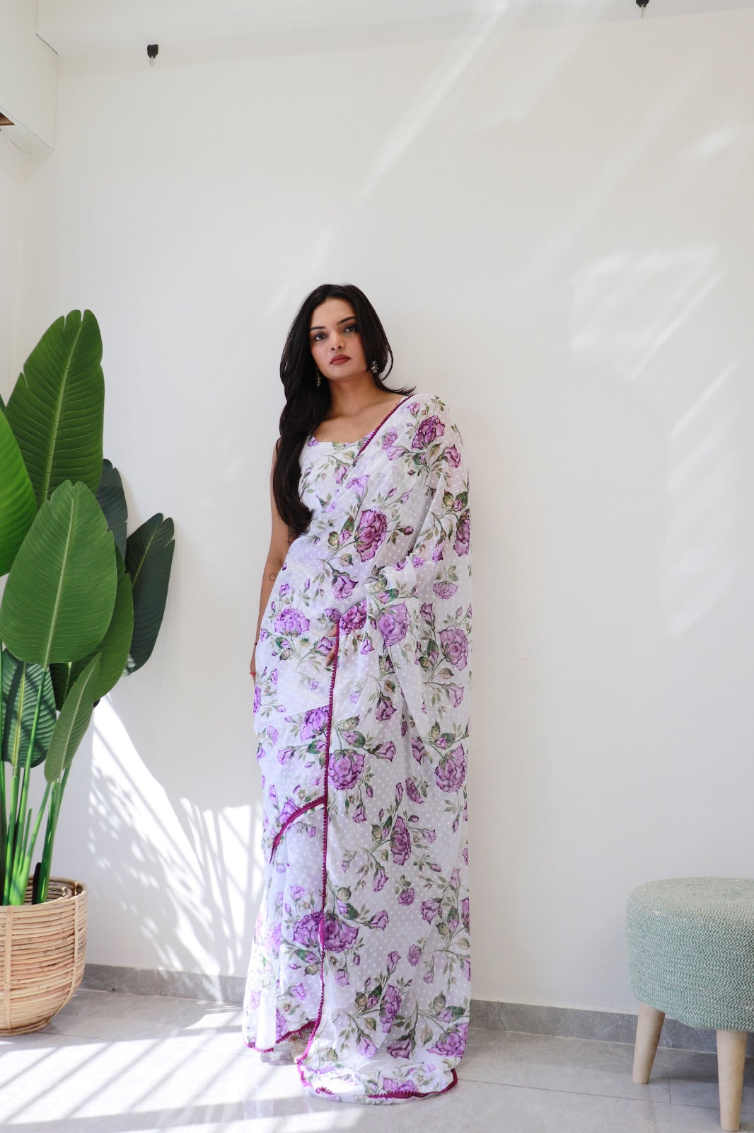 Pre Stitched 1-Min Ready To Wear Purple Lily Saree