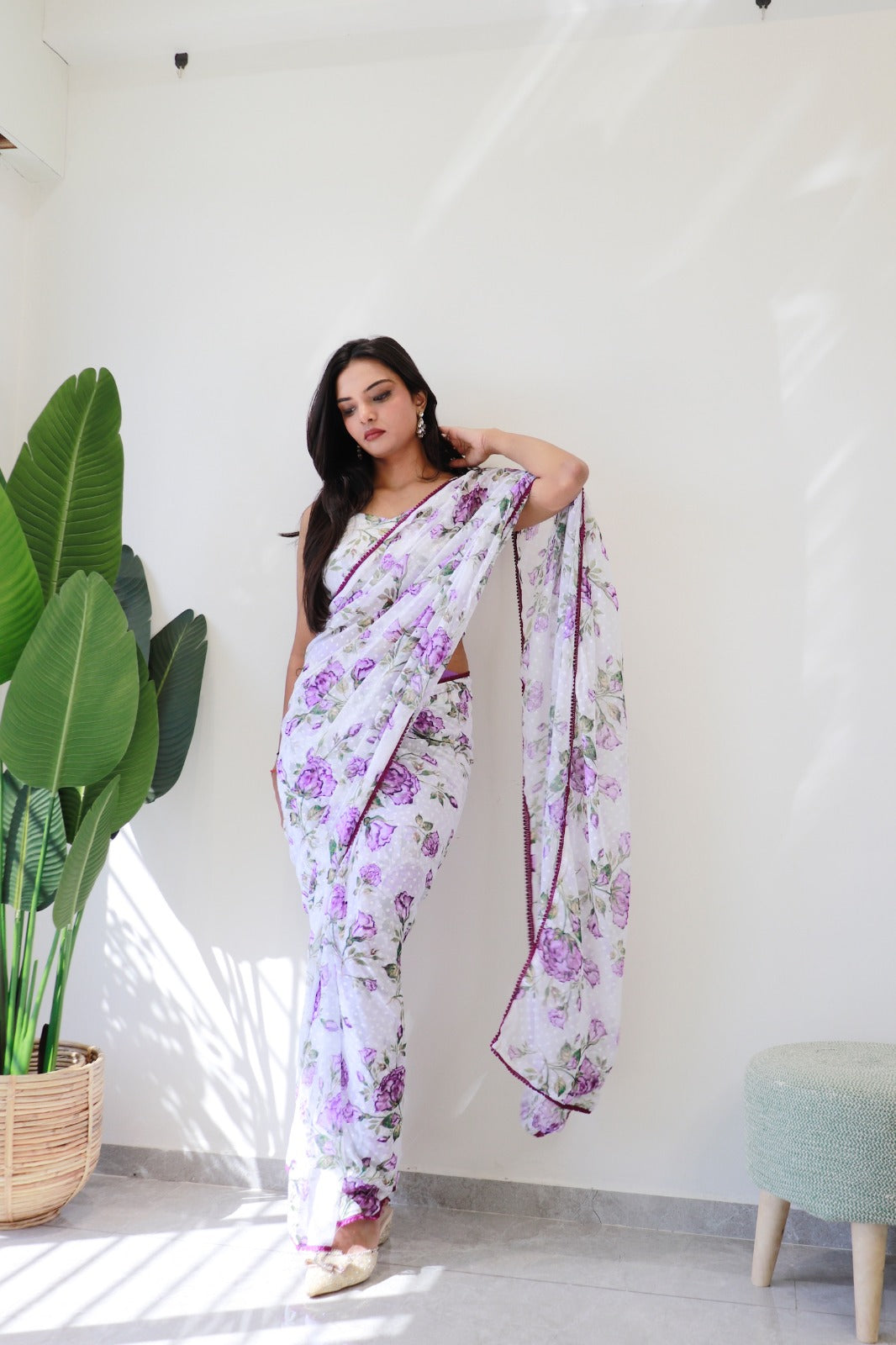 Pre Stitched 1-Min Ready To Wear Purple Lily Saree