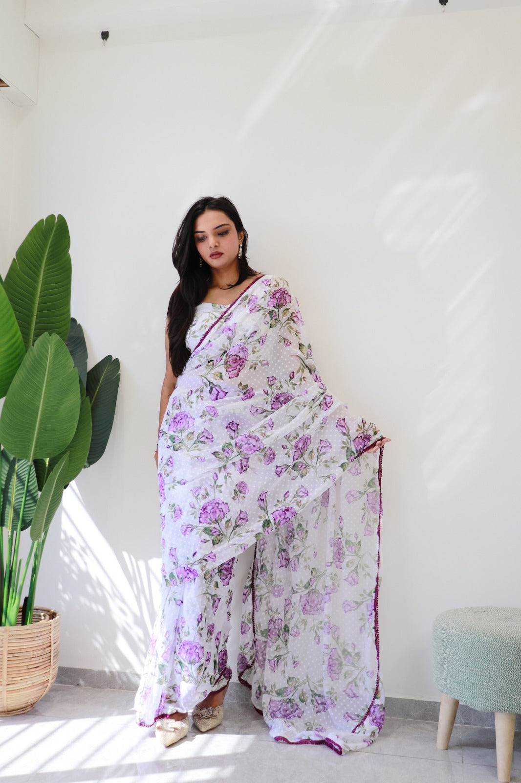 Pre Stitched 1-Min Ready To Wear Purple Lily Saree