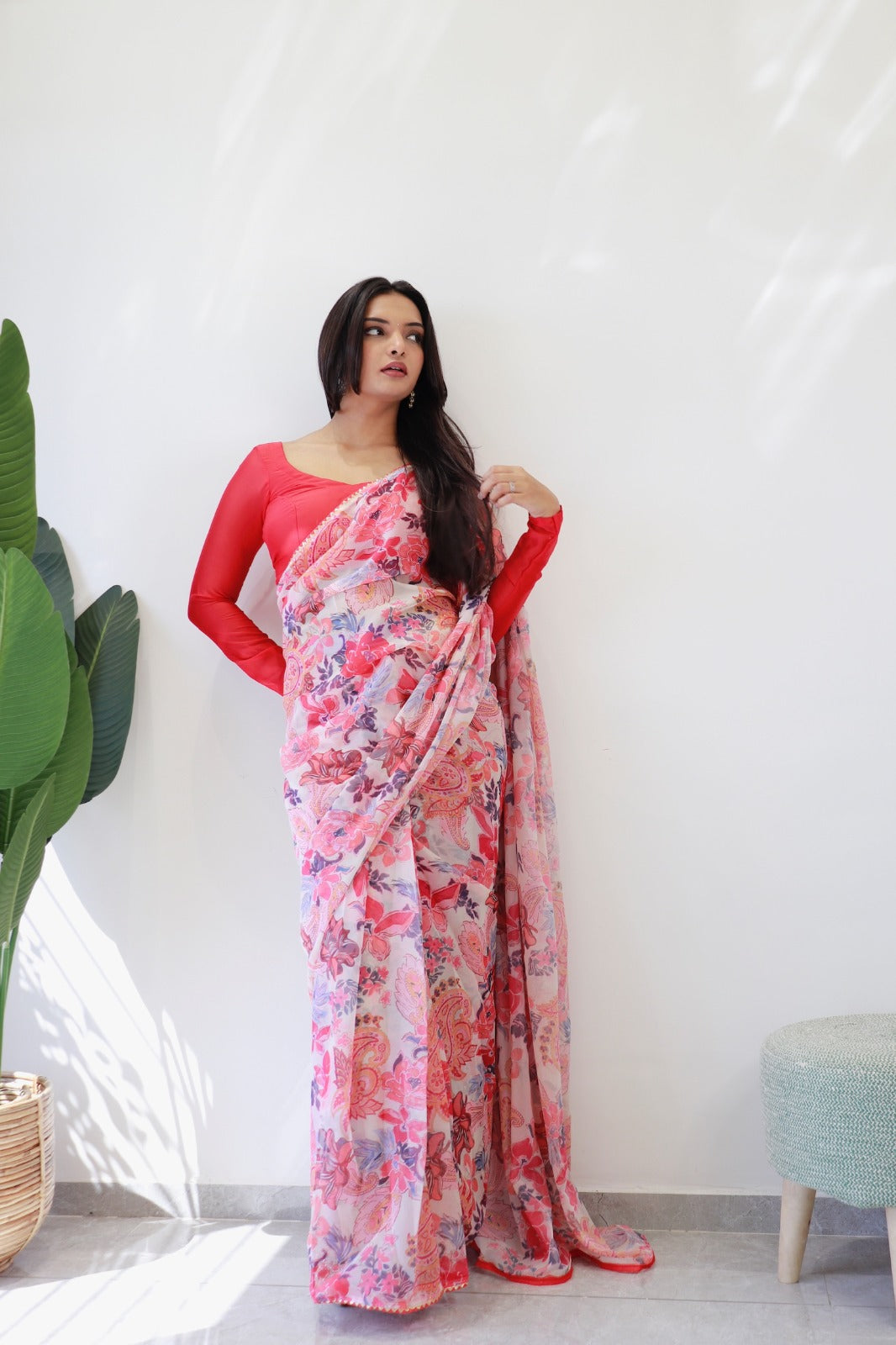 1 MIN Ready To Wear Red Flower Keri saree - Gulabo