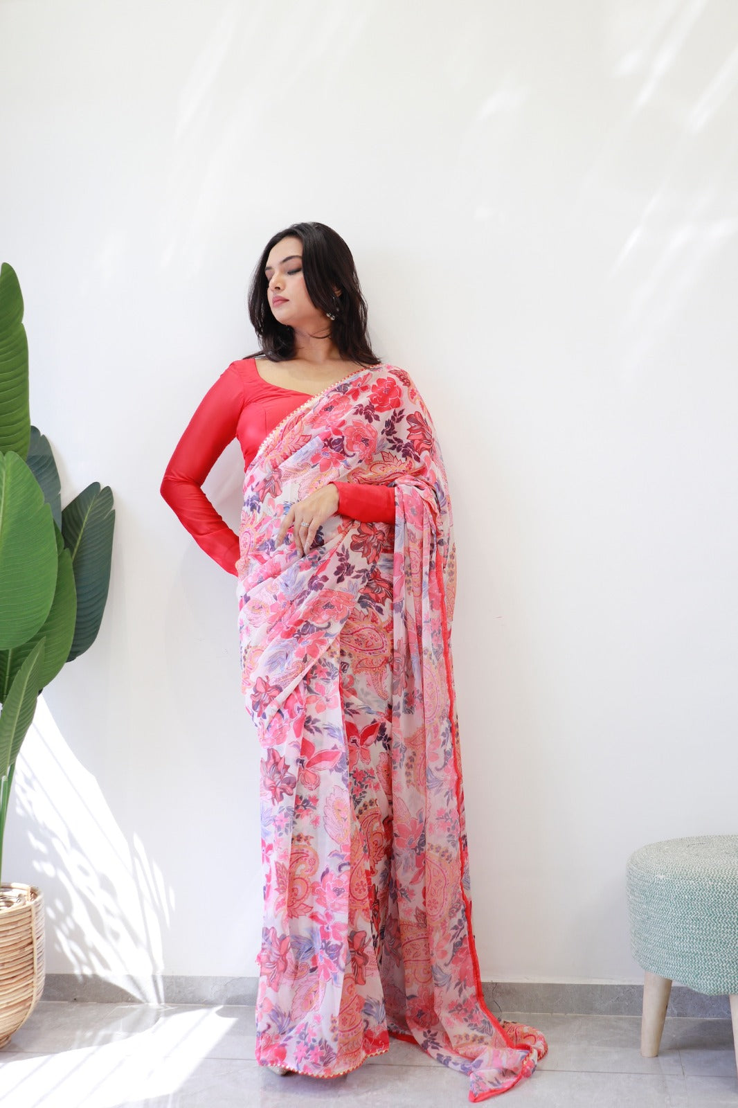 1 MIN Ready To Wear Red Flower Keri saree - Gulabo