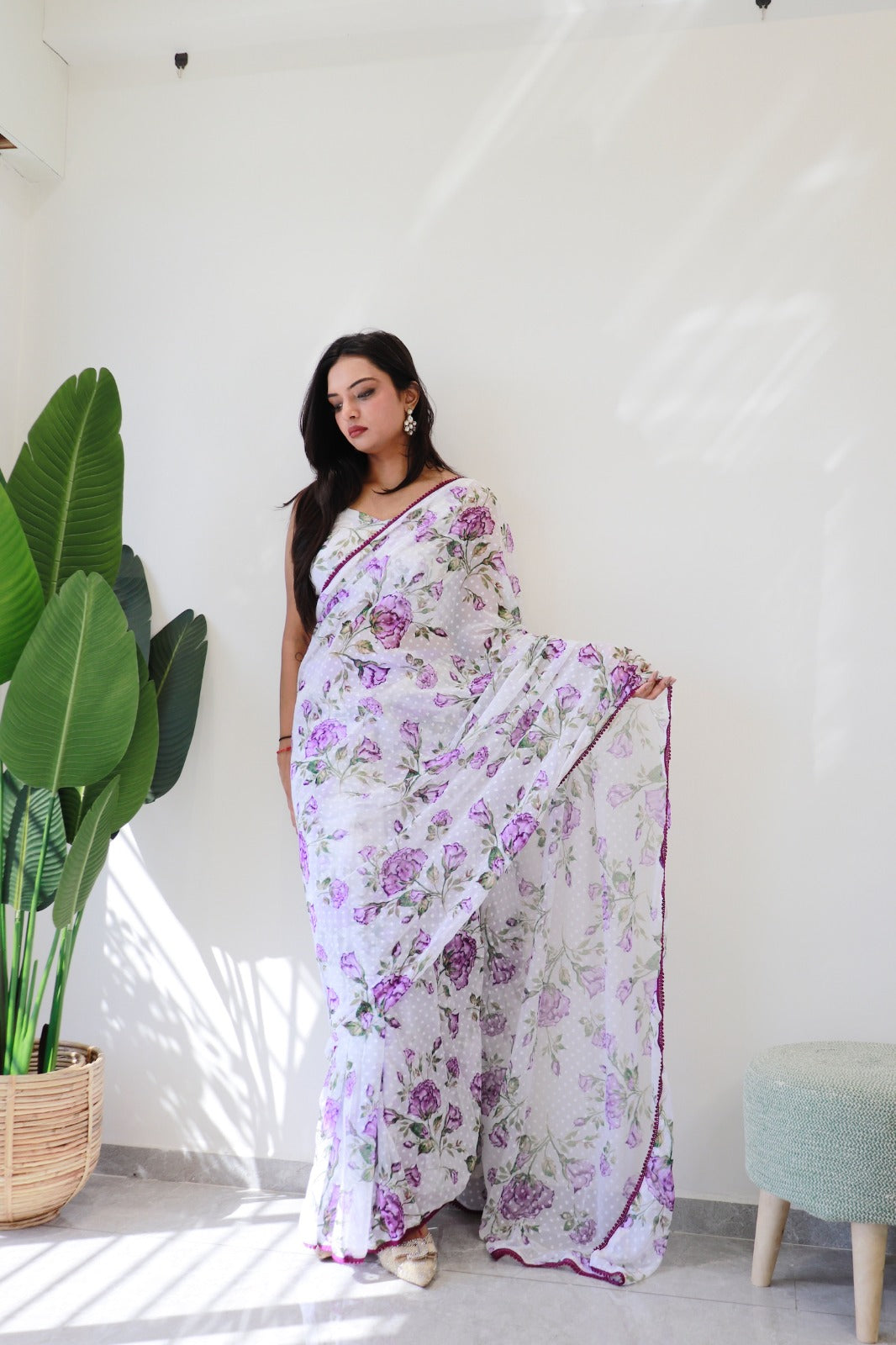 Pre Stitched 1-Min Ready To Wear Purple Lily Saree