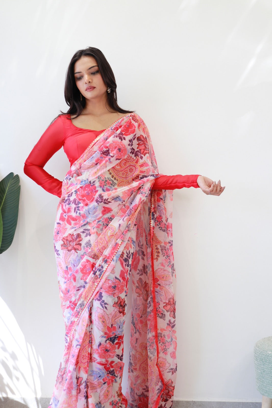 1 MIN Ready To Wear Red Flower Keri saree - Gulabo