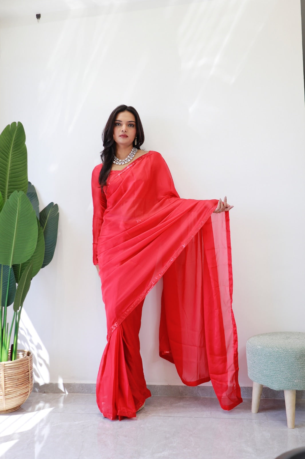 1 MIN Ready To Wear Red Border saree - Red Border