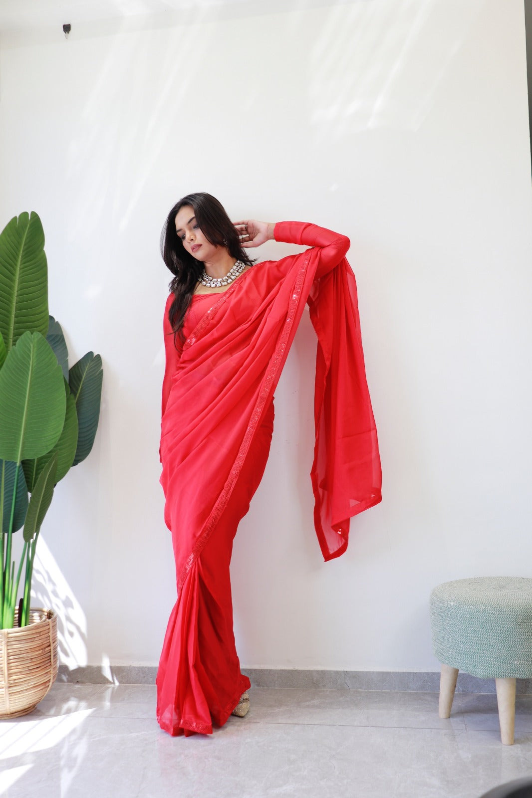 1 MIN Ready To Wear Red Border saree - Red Border