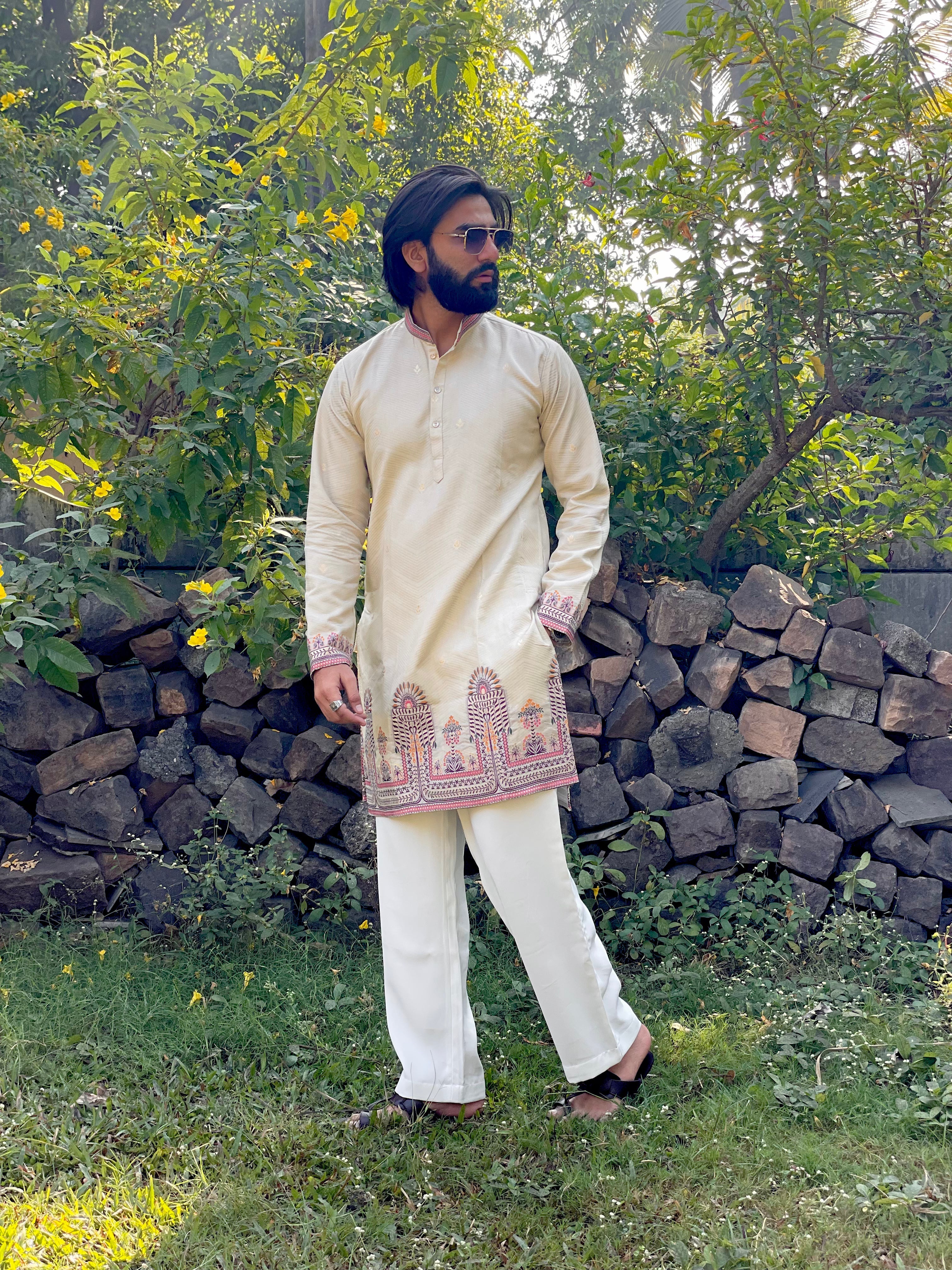 KHAKI PALM MINARA JACQUARD DESIGNER KURTA