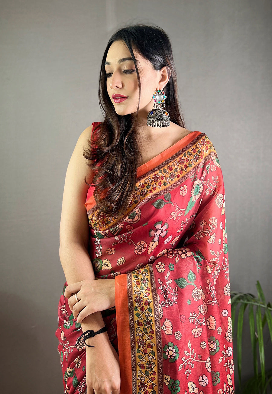 Dark Red Cotton Kalamkari Printed Saree Raksha