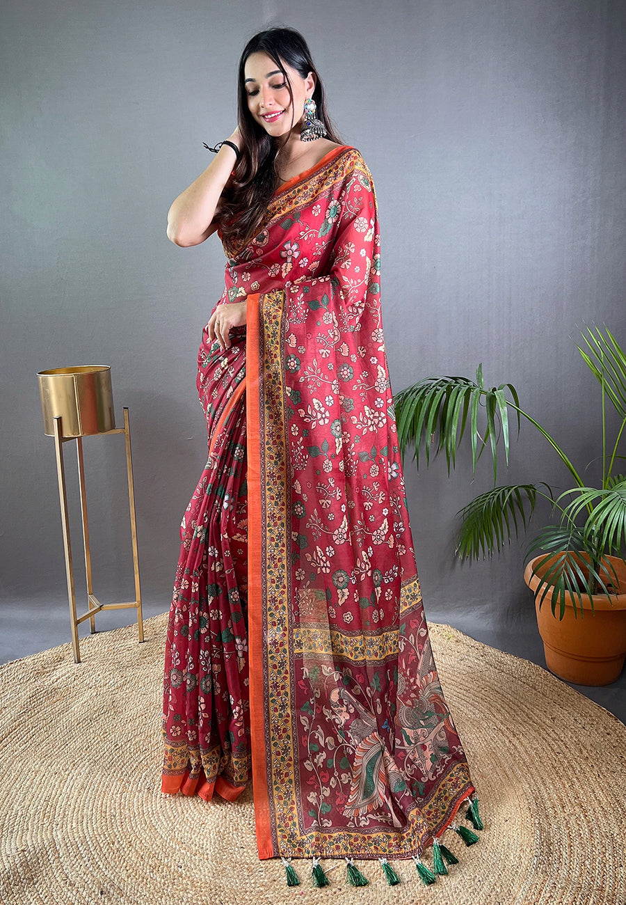 Dark Red Cotton Kalamkari Printed Saree Raksha