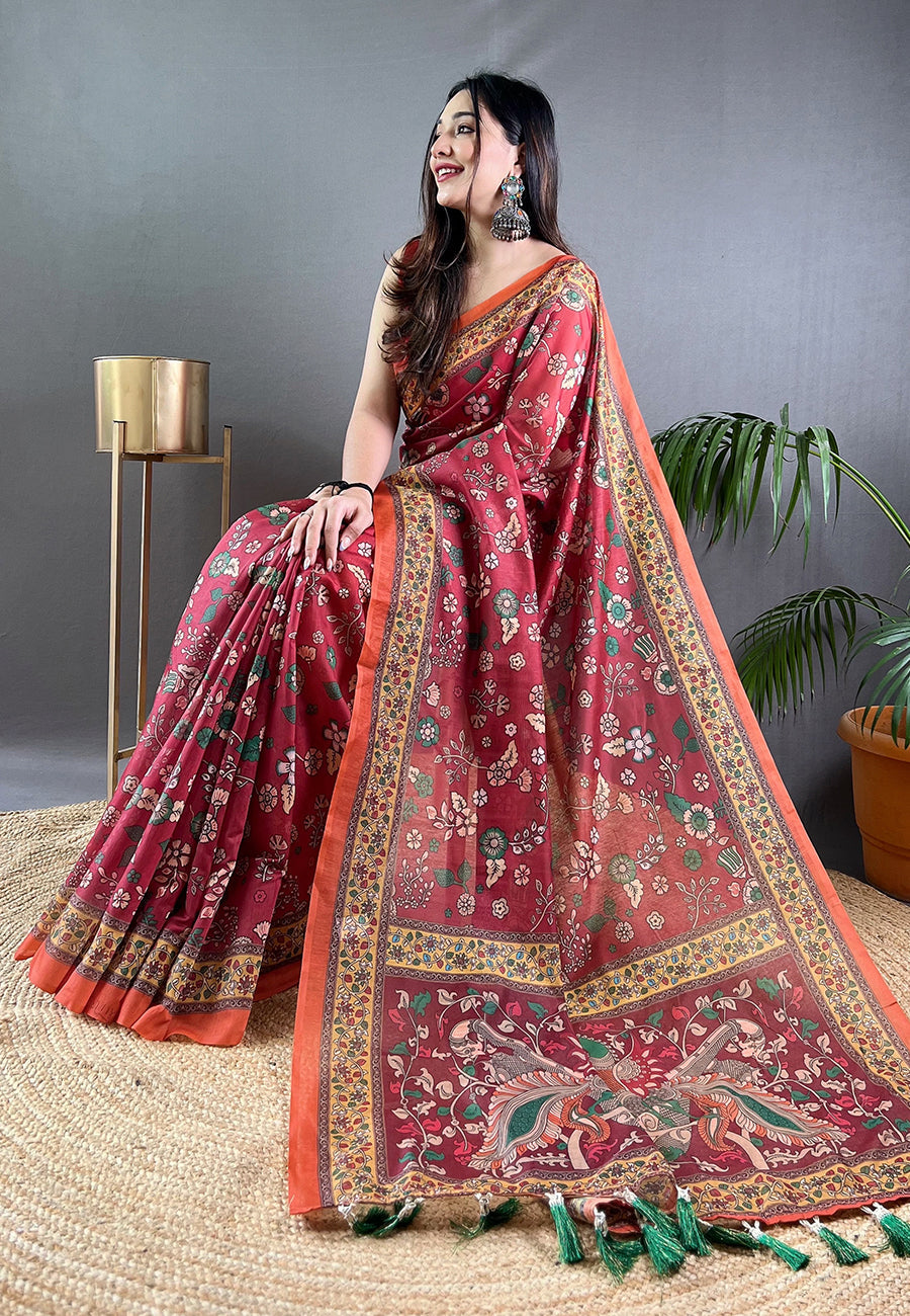 Dark Red Cotton Kalamkari Printed Saree Raksha