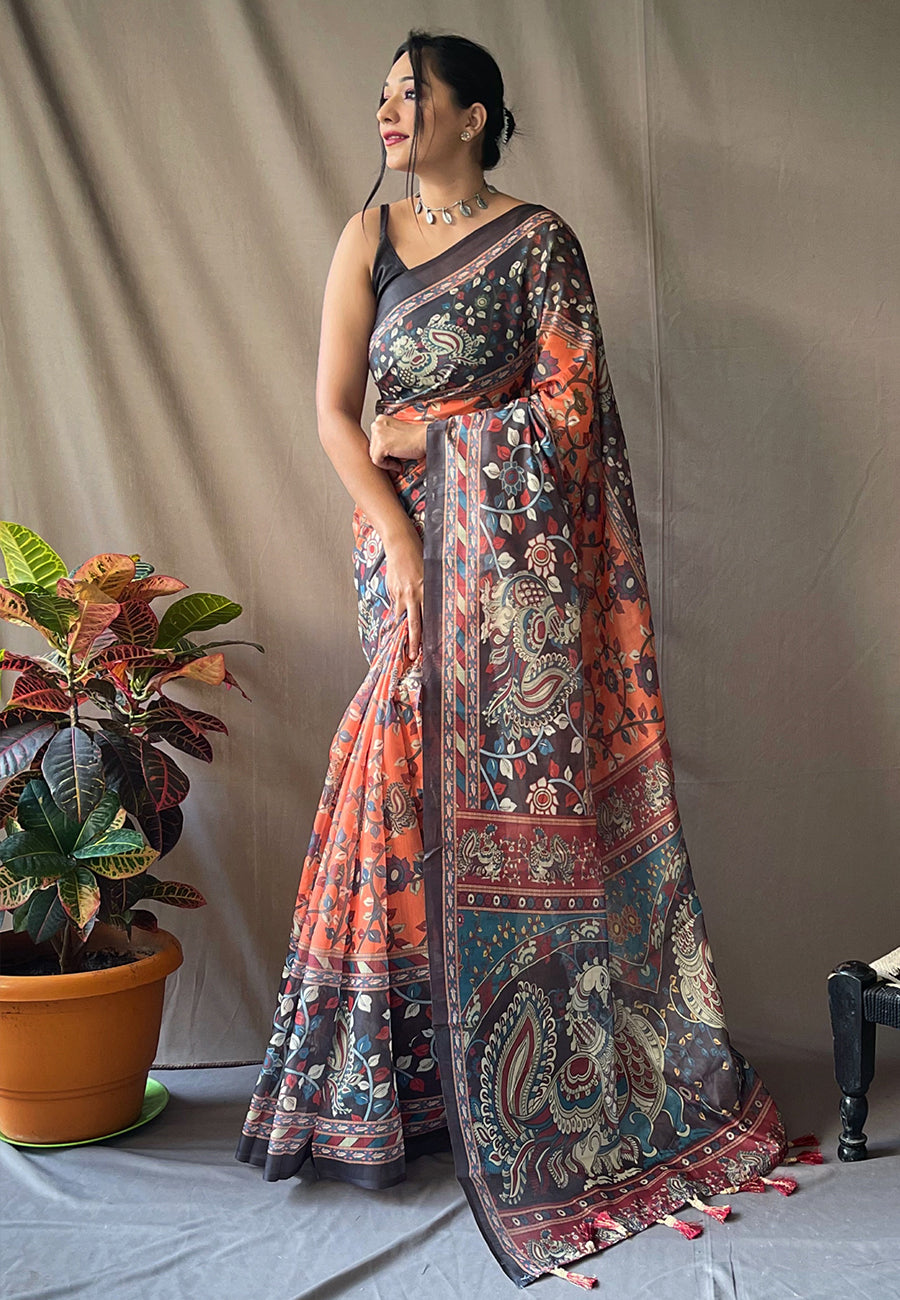 Pure Cotton Kalamkari Printed BasketBall Orange